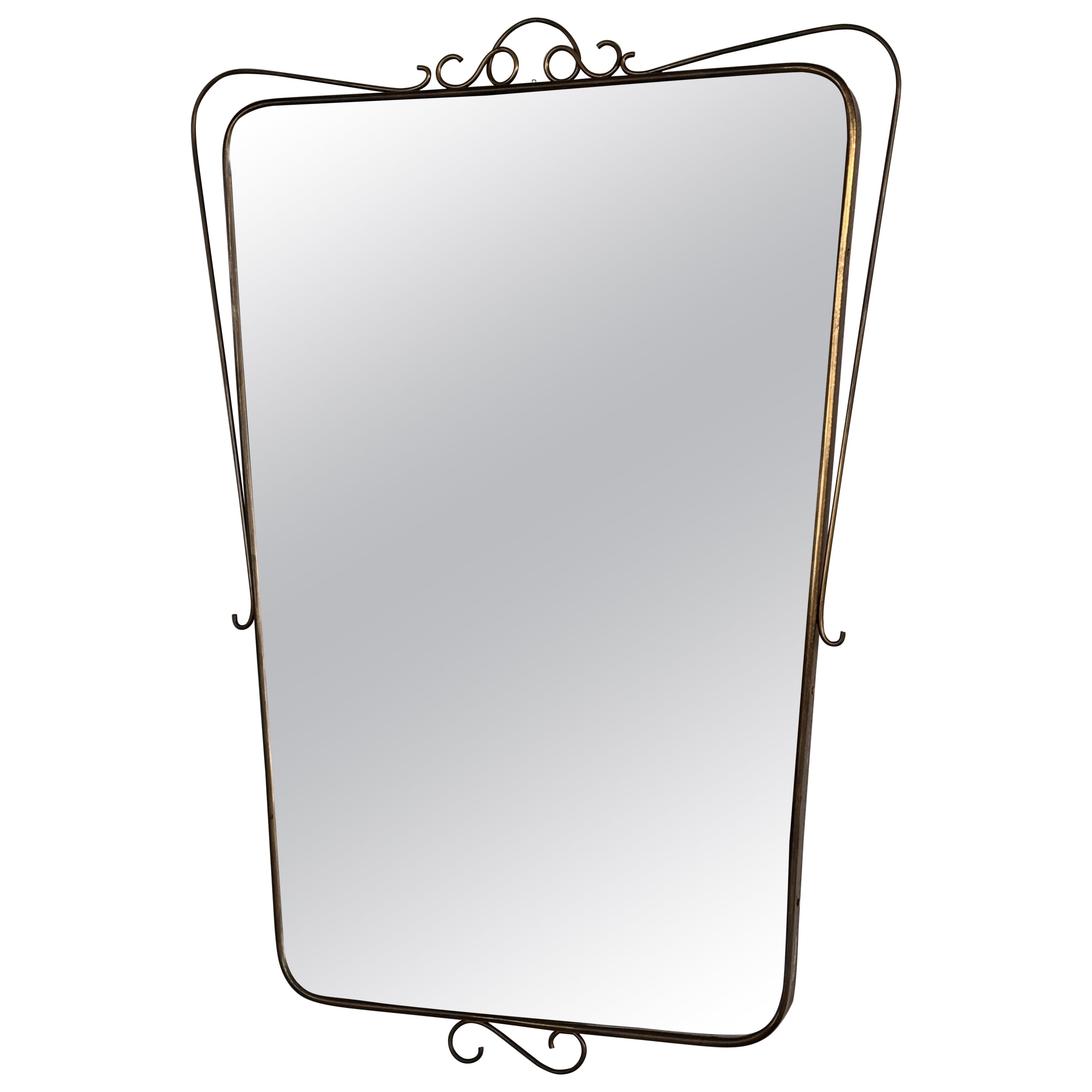 Italian Midcentury Large Size Wall Mirror with Brass Frame and Decor, 1950s For Sale