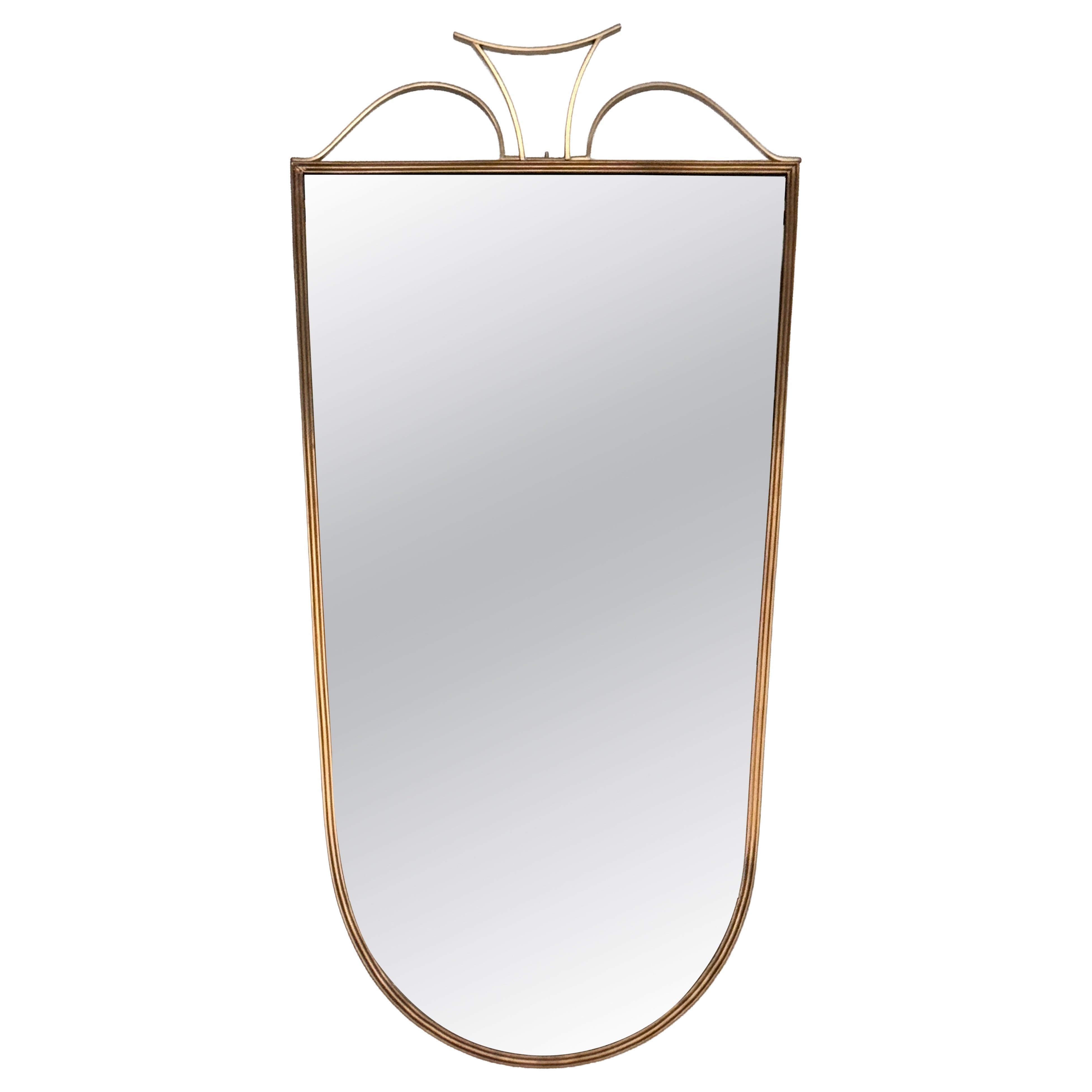 Italian Midcentury Large Size Wall Mirror with Brass Frame and Decor, 1970s For Sale