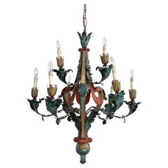 Italian Mid-Century Large Tole Painted Wrought Iron Chandelier with Leafs, 1950s