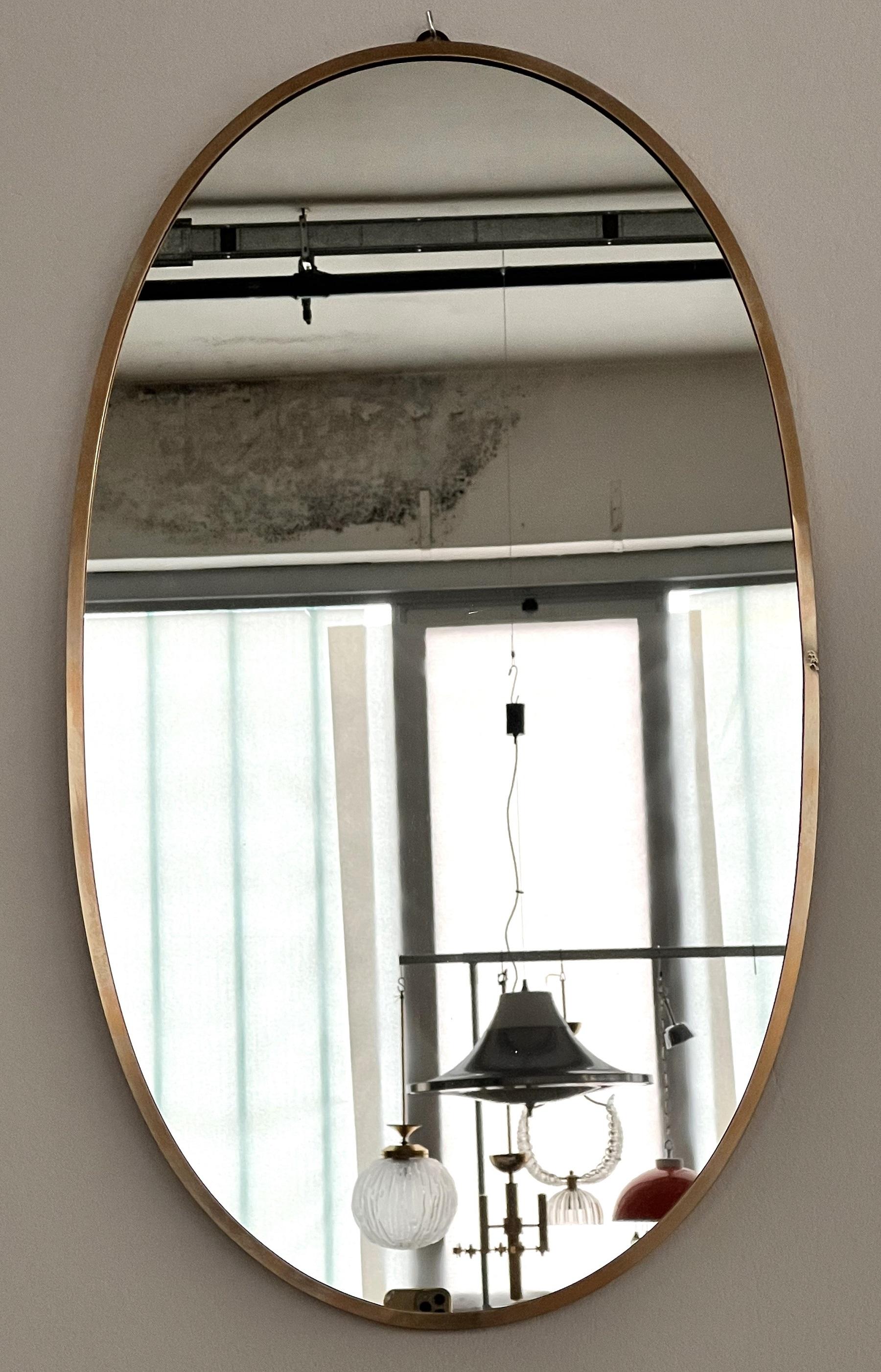Italian Midcentury Large Vintage Wall Mirror with Brass Frame, 1970s 2
