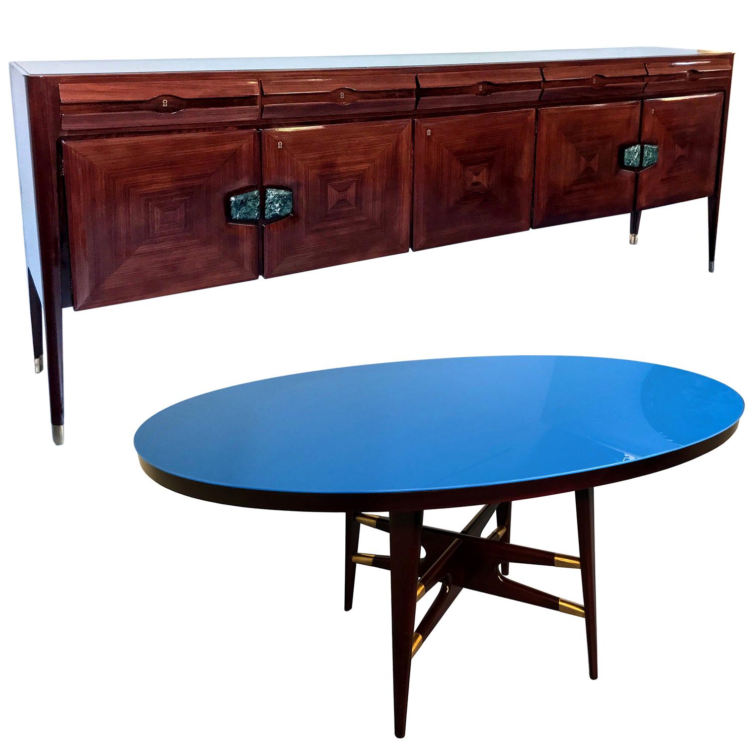 Italian Mid-Century Living Room, Sideboard and Dining Table, 1950s