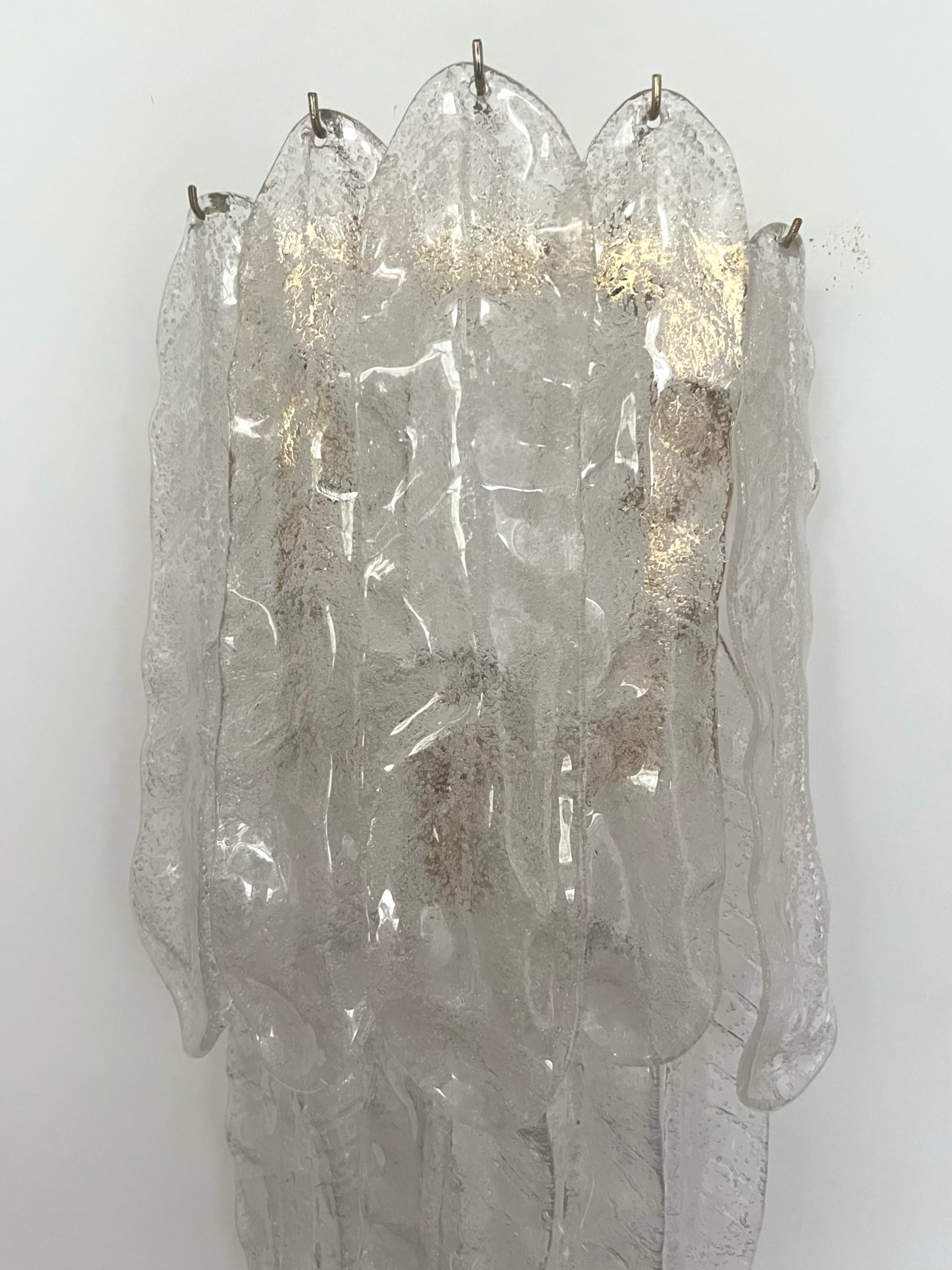 Brass Italian Midcentury Long Large Leaf Clear Murano Wall Sconce by Mazzega, 1970s