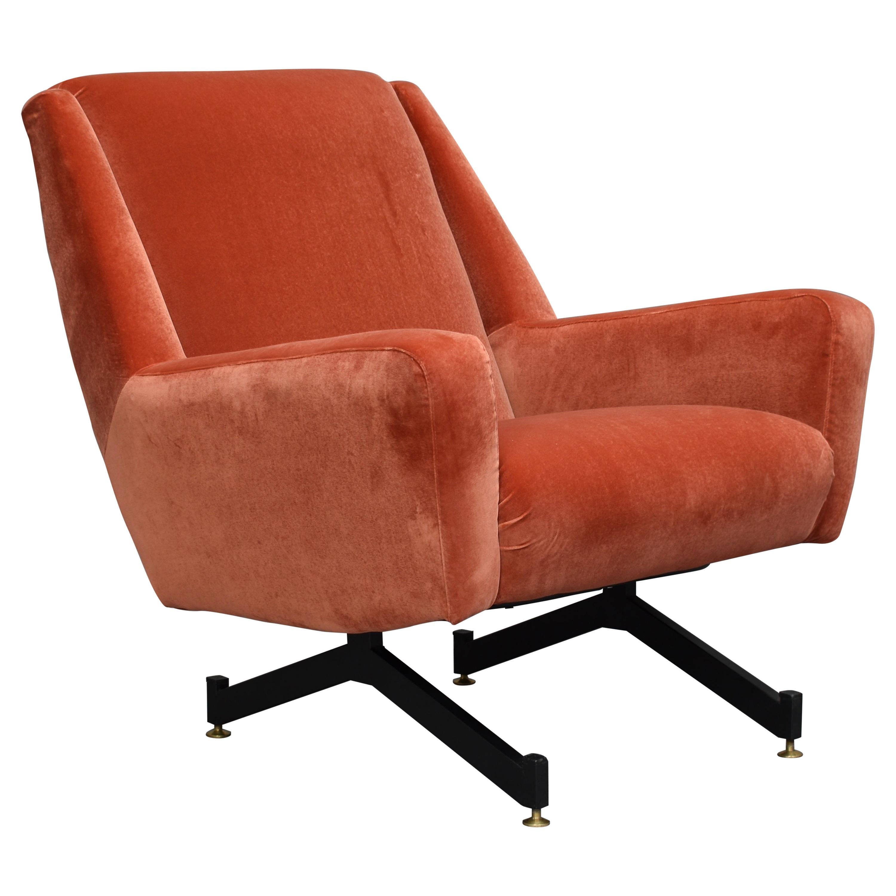 Italian Midcentury Lounge Chair in New Copper Pink Velvet, Italy, 1950s