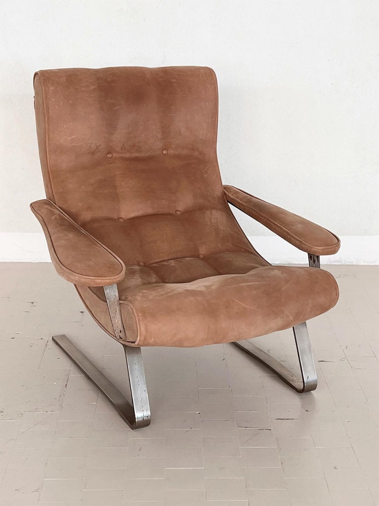 Italian Midcentury Lounge Chair in Suede by Guido Bonzani for Tecnosalotto 1970s For Sale 13