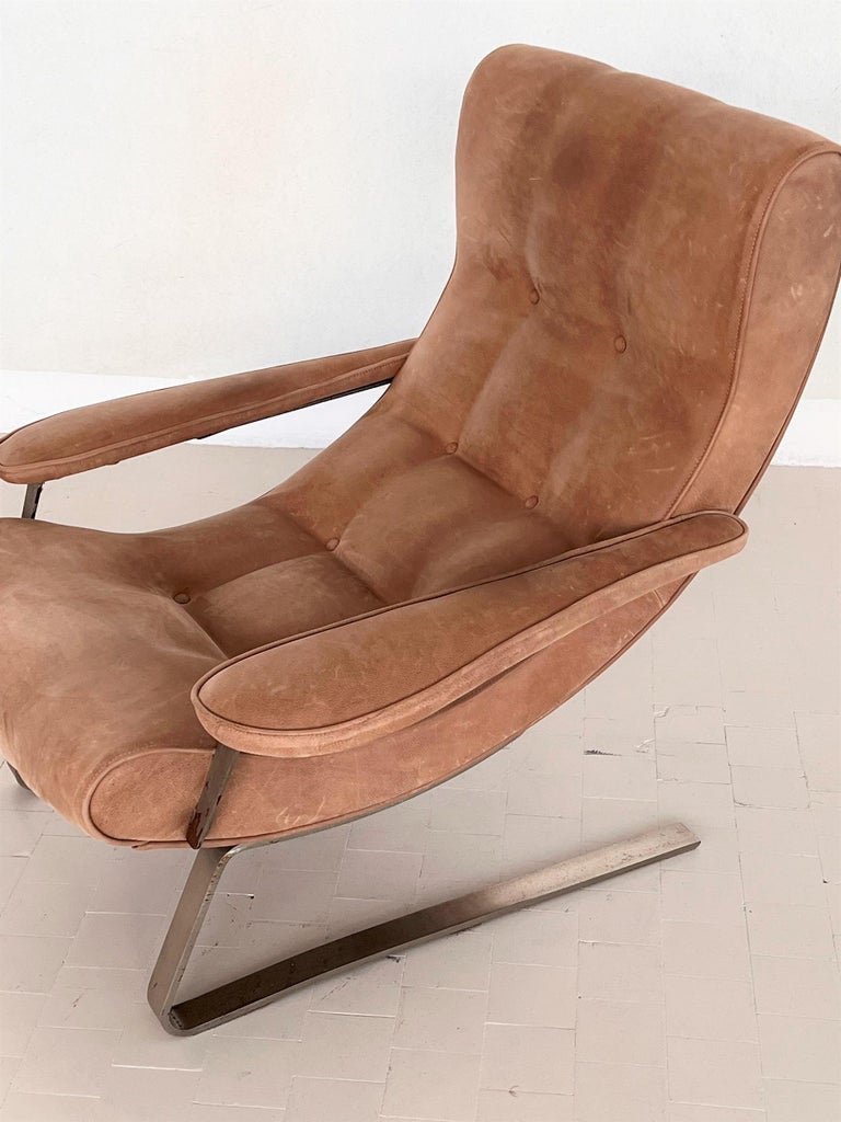 Italian Midcentury Lounge Chair in Suede by Guido Bonzani for Tecnosalotto 1970s For Sale 3
