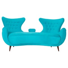 Italian Midcentury Loveseats Sofa in Blue Velvet