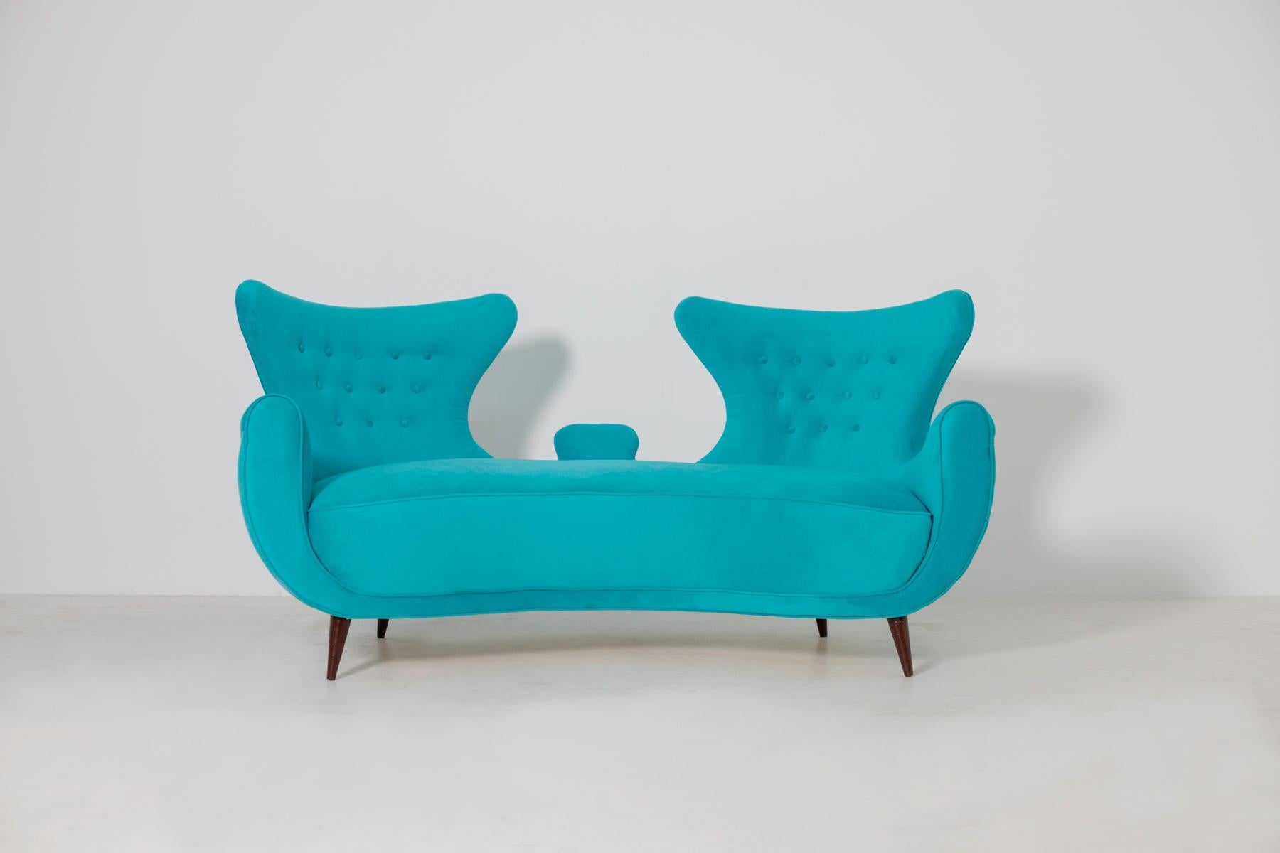 Mid-Century Modern Italian Midcentury Loveseats Sofa in Blue Velvet Restored, 1950s