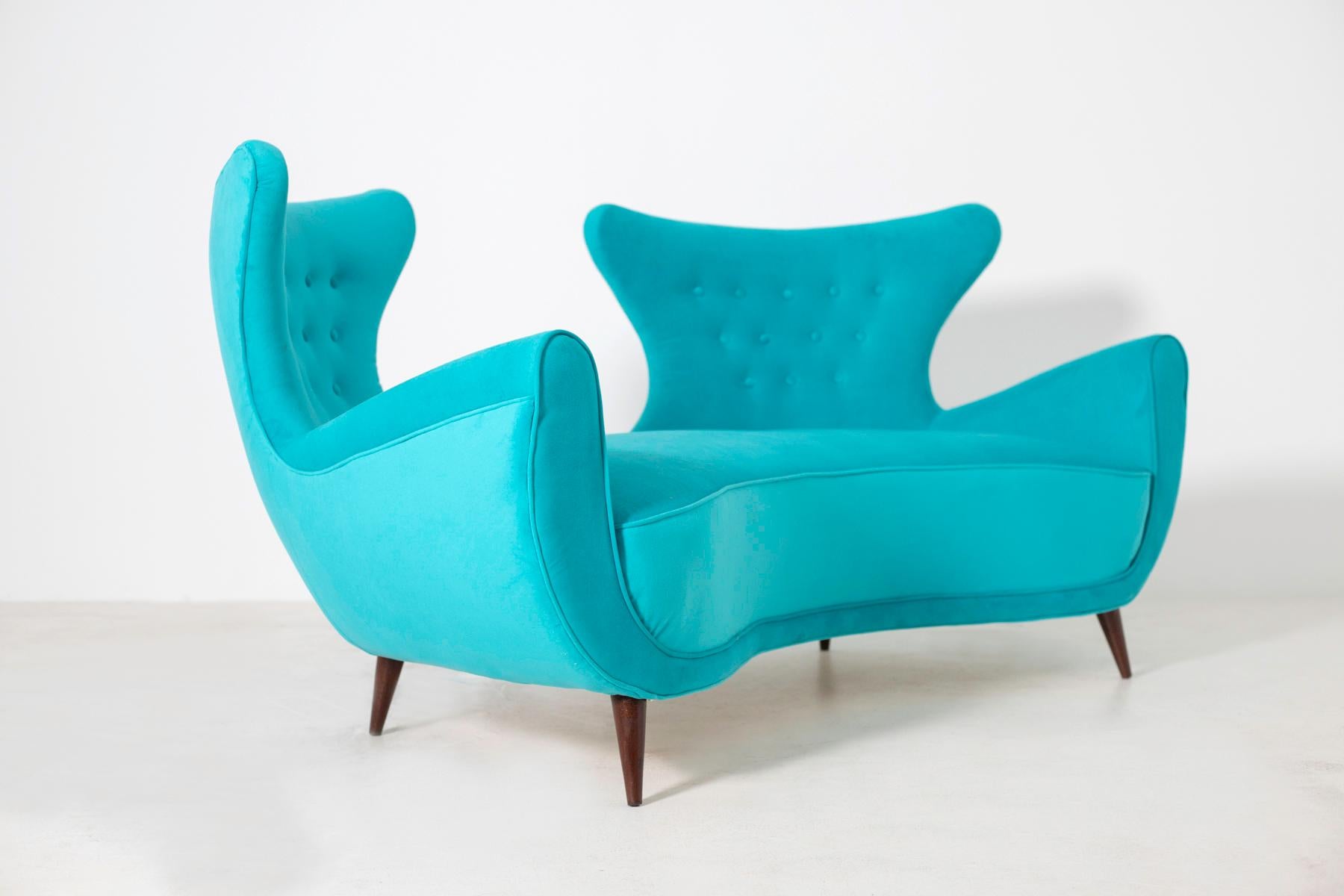 Italian Midcentury Loveseats Sofa in Blue Velvet Restored, 1950s 1
