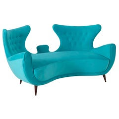 Italian Midcentury Loveseats Sofa in Blue Velvet Restored, 1950s