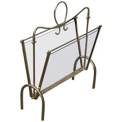 Used Italian Midcentury Magazine Rack Brass Gold Italian Design Transparent Glass