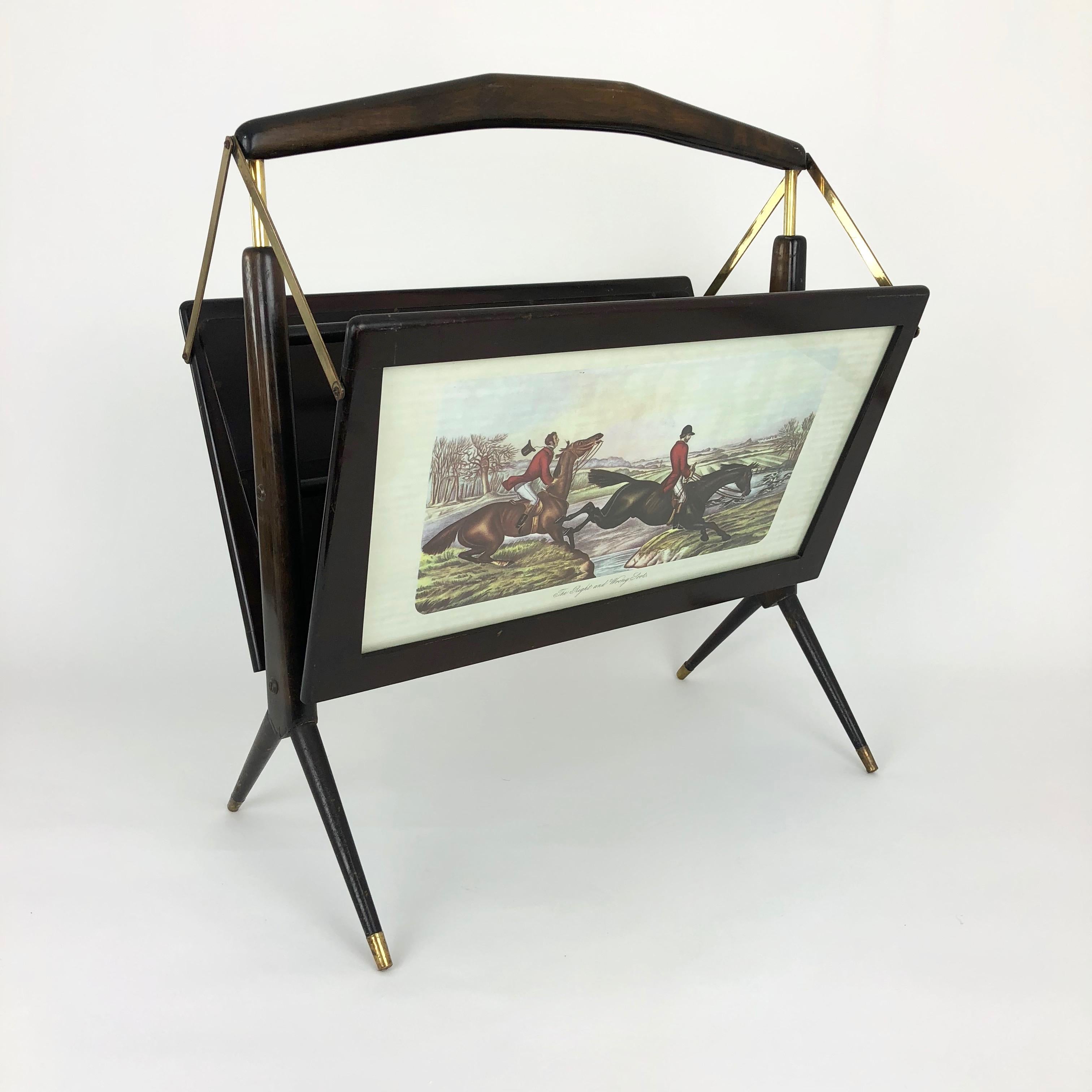 Mid-Century Modern Italian Midcentury Magazine Rack in the Style of Ico Parisi, Wood and Brass For Sale