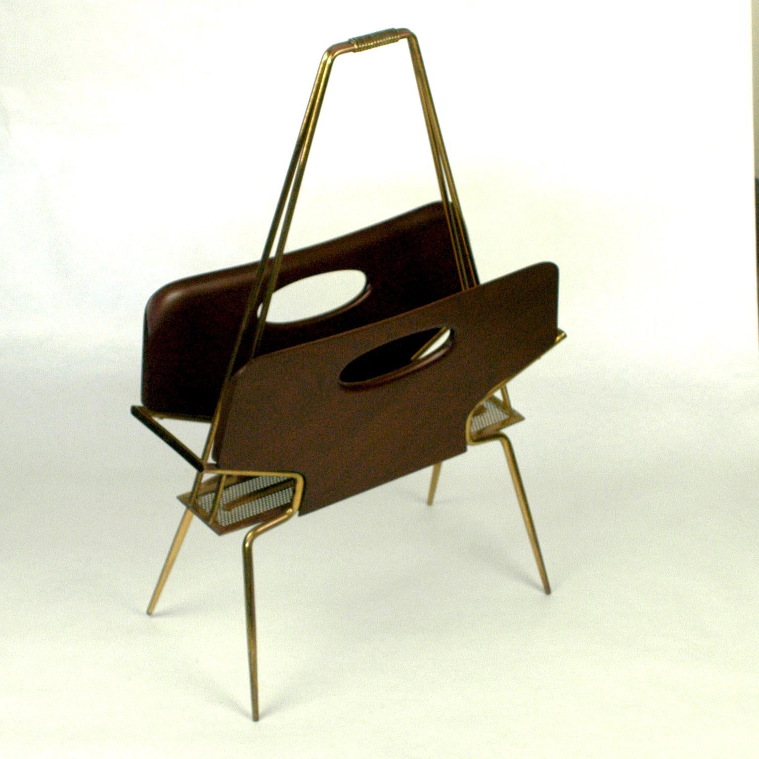 Mid-Century Modern Italian Midcentury Mahogany and Brass Magazine Rack in the Style of Ico Parisi For Sale