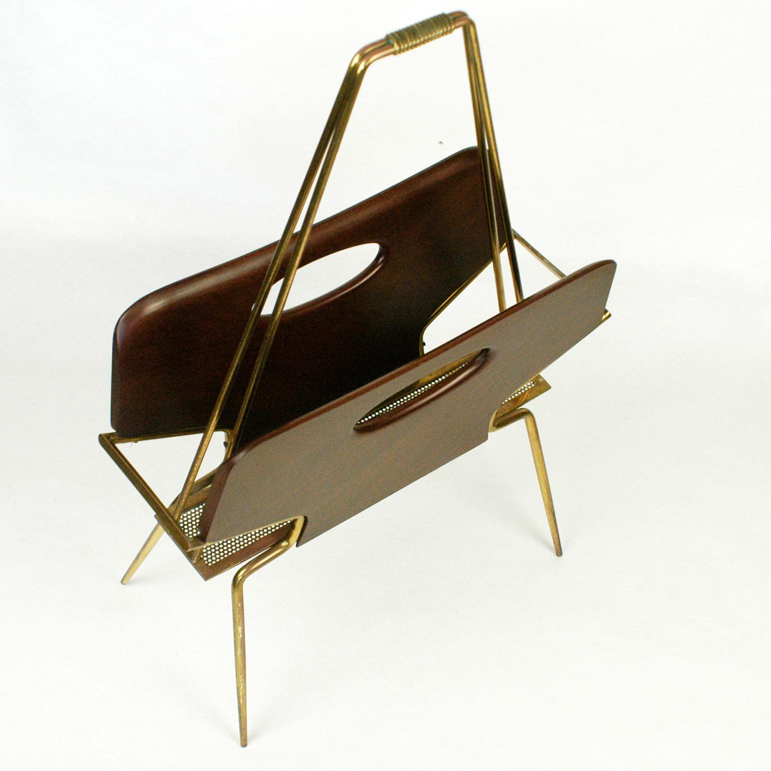 Mid-20th Century Italian Midcentury Mahogany and Brass Magazine Rack in the Style of Ico Parisi For Sale