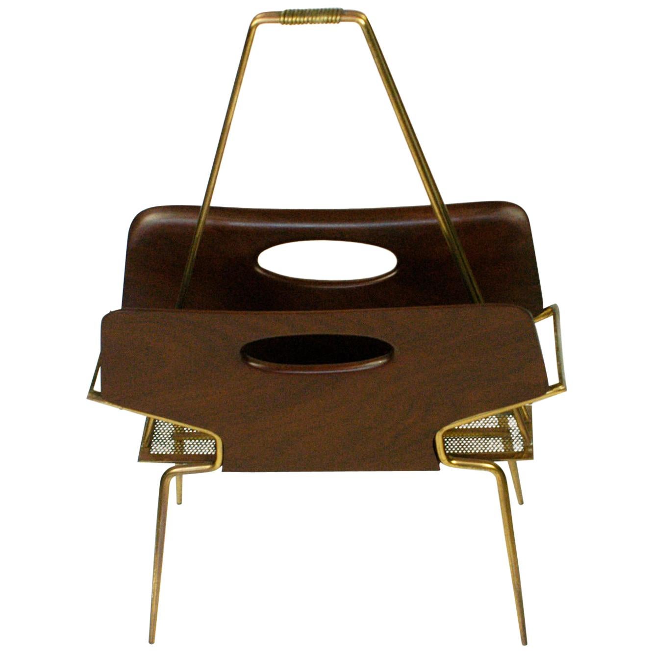 Italian Midcentury Mahogany and Brass Magazine Rack in the Style of Ico Parisi