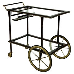 Italian Midcentury Mahogany, Brass and Glass Serving Trolley