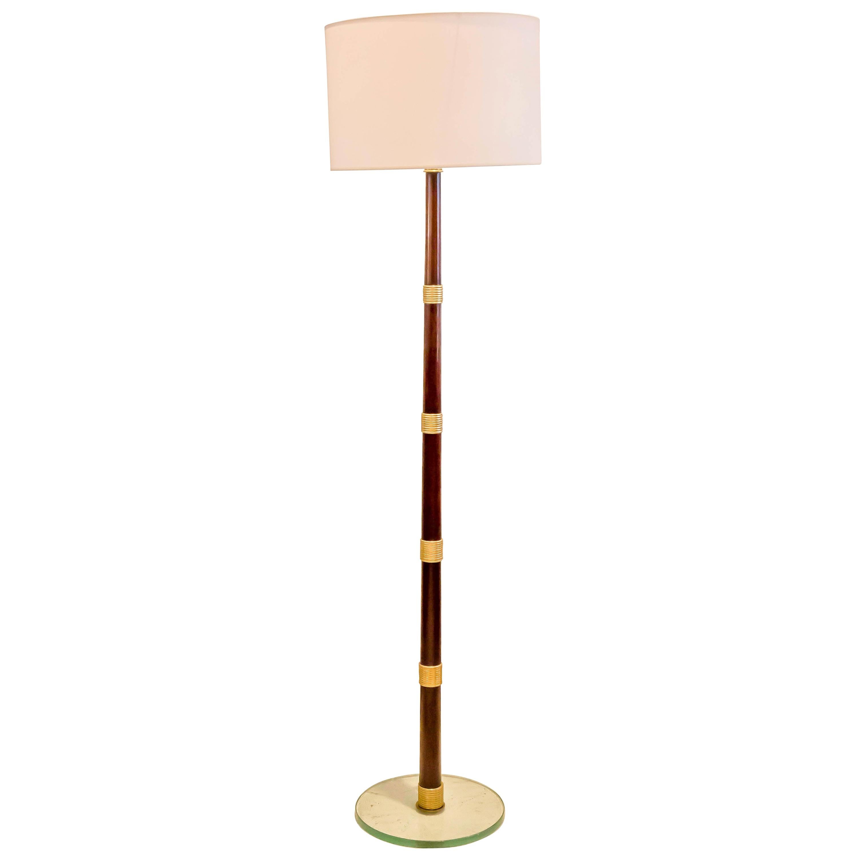 Italian Midcentury Mahogany Floor Lamp with Brass Rings on Glass Base