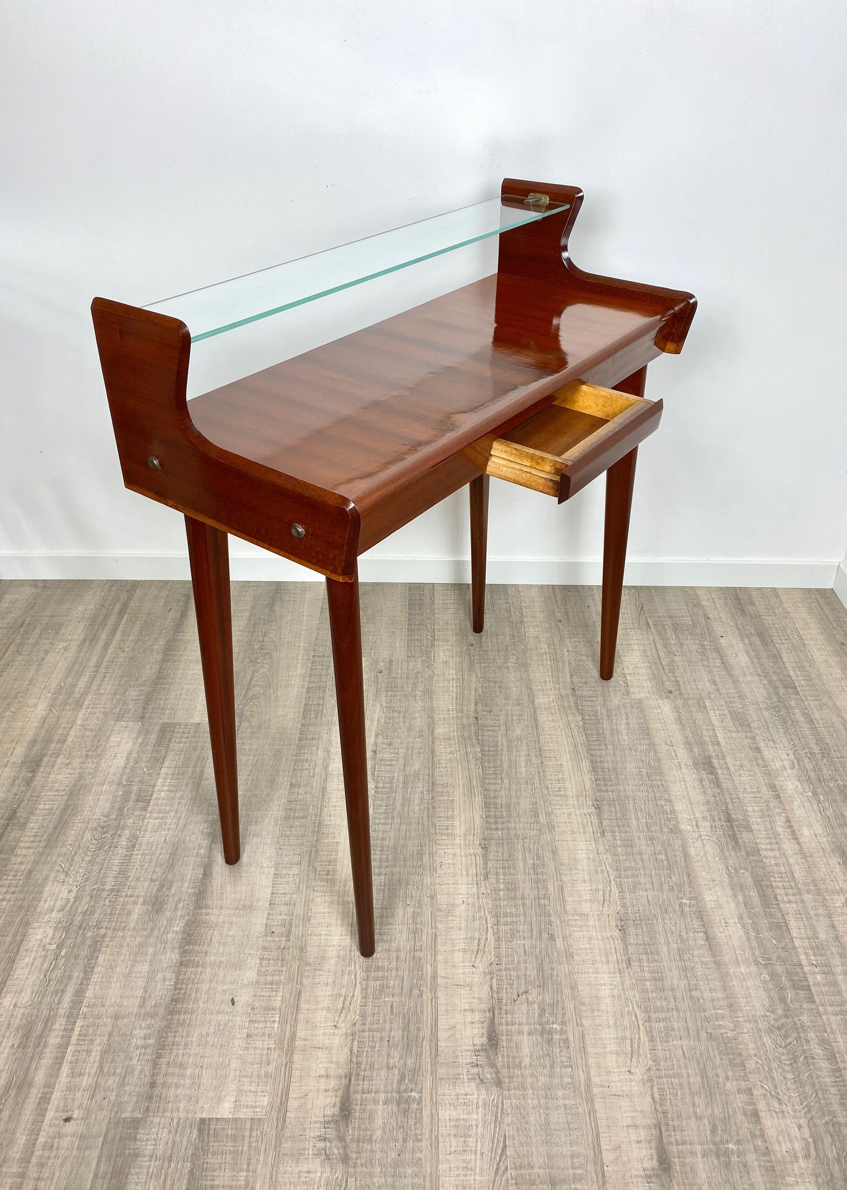 Brass Italian Midcentury Mahogany Wood and Glass Console Table by Carlo de Carli 1950s For Sale