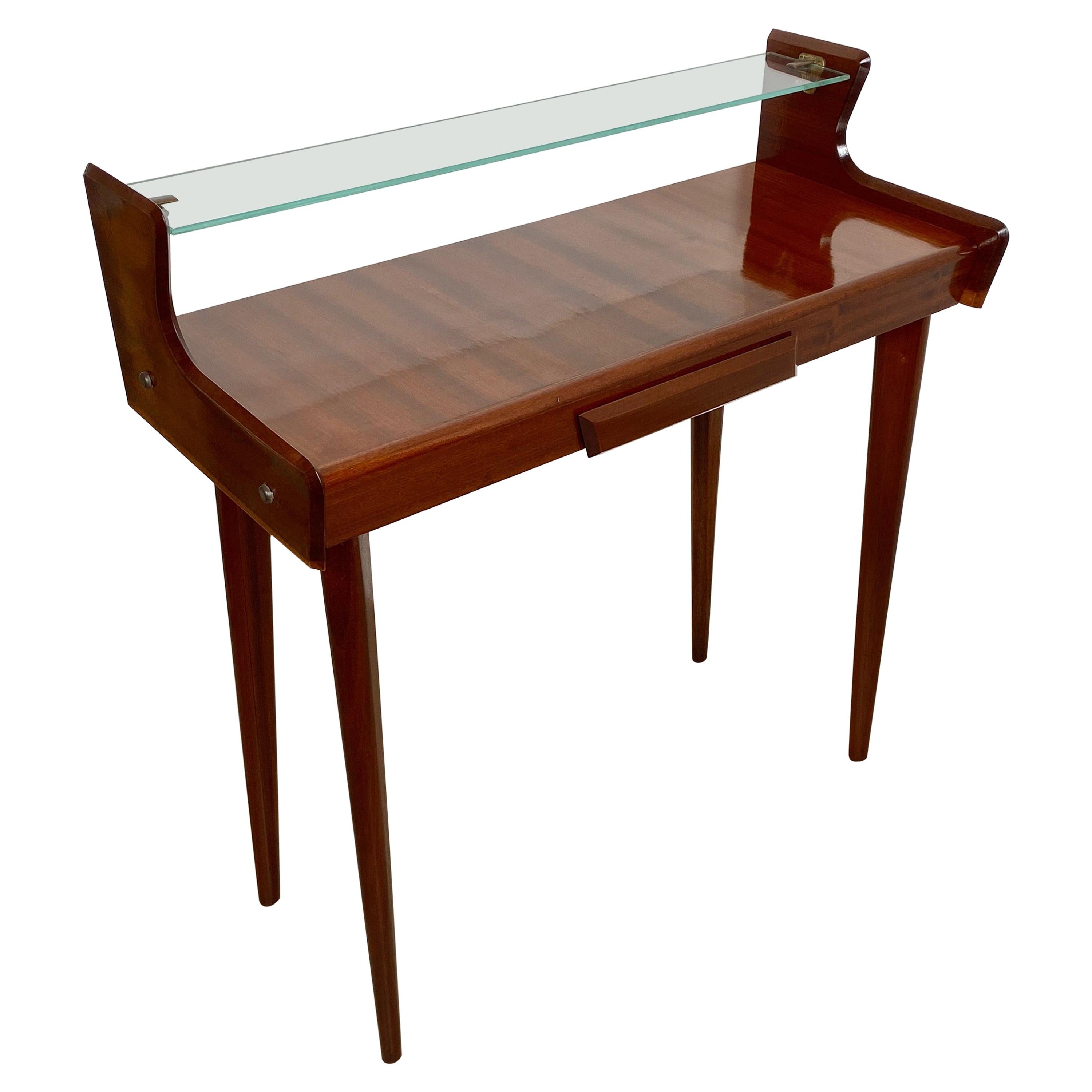 Table console italienne du milieu du siècle en bois d'acajou et verre par Carlo de Carli 1950s