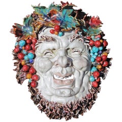 Italian Midcentury Majolica Hanging Mask of Bacchus by Professor Pattarino