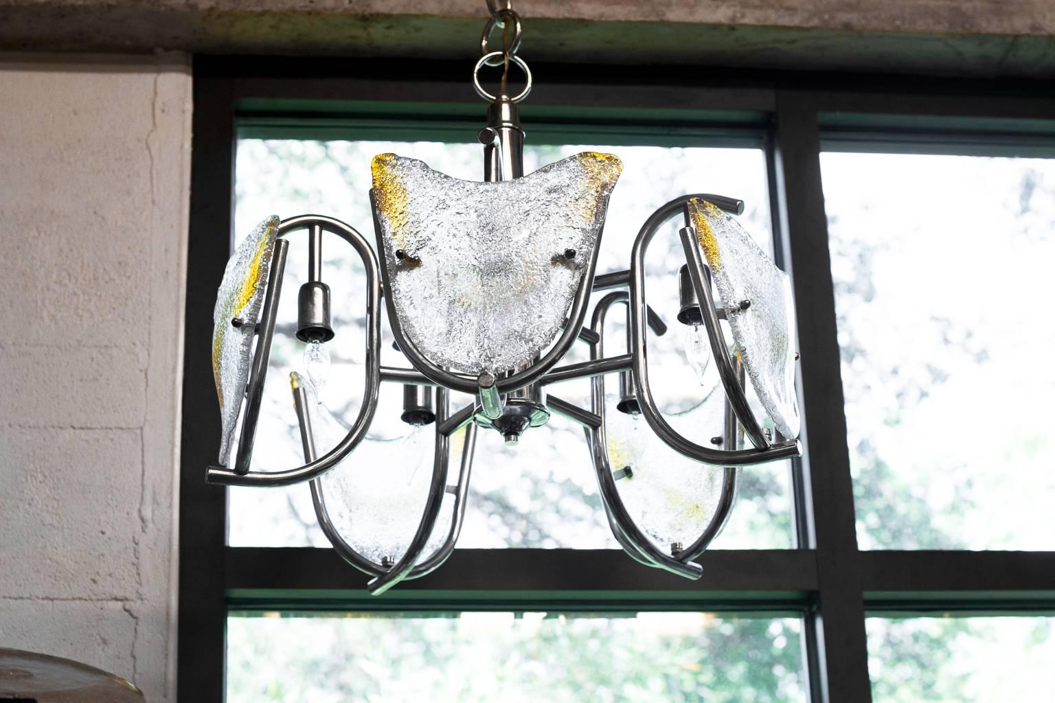 20th Century Italian Midcentury Mazzega/Murano Chandelier with Chrome Frame and Amber Glass For Sale