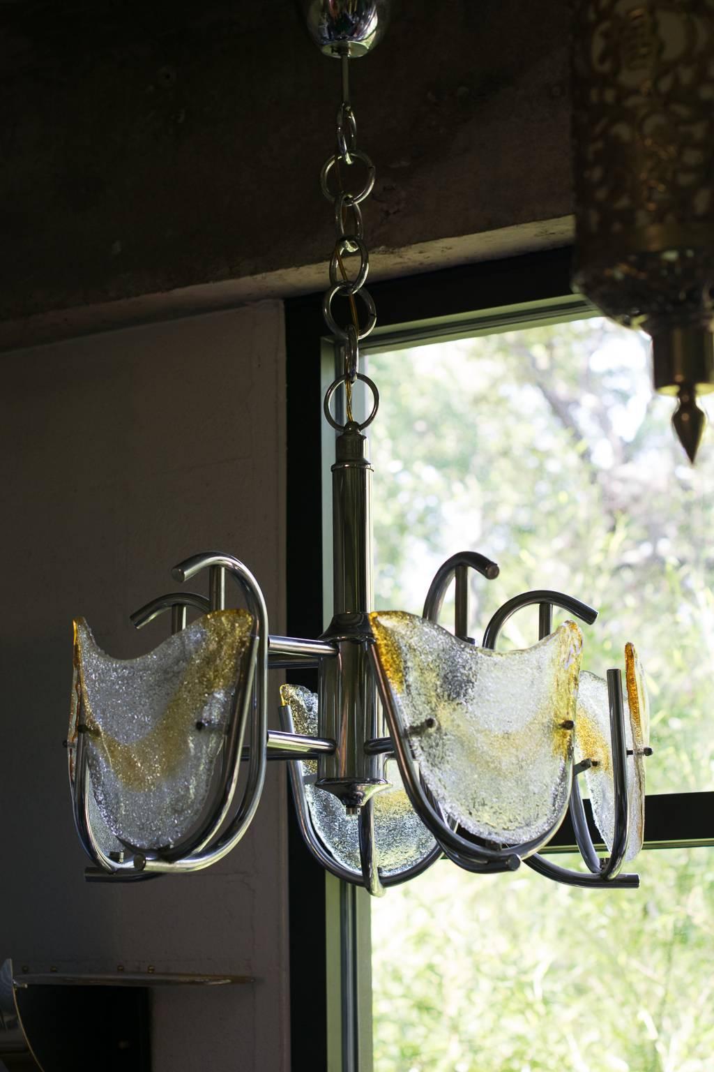 Italian Midcentury Mazzega/Murano Chandelier with Chrome Frame and Amber Glass For Sale 2