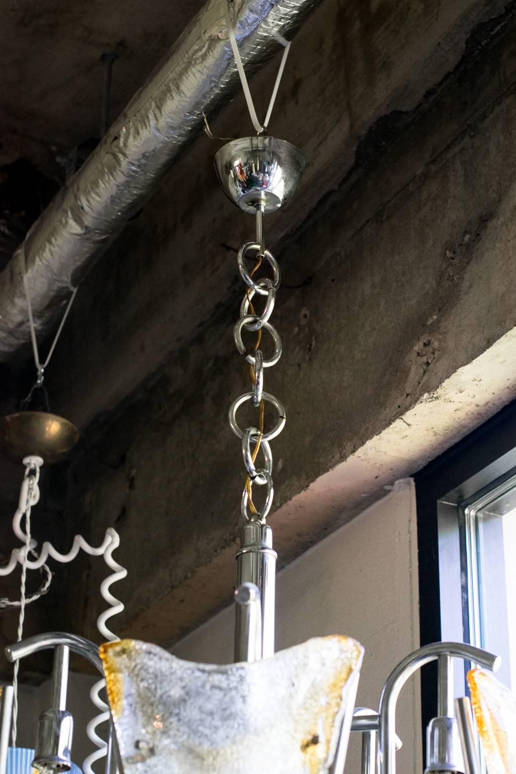 Italian Midcentury Mazzega/Murano Chandelier with Chrome Frame and Amber Glass For Sale 3