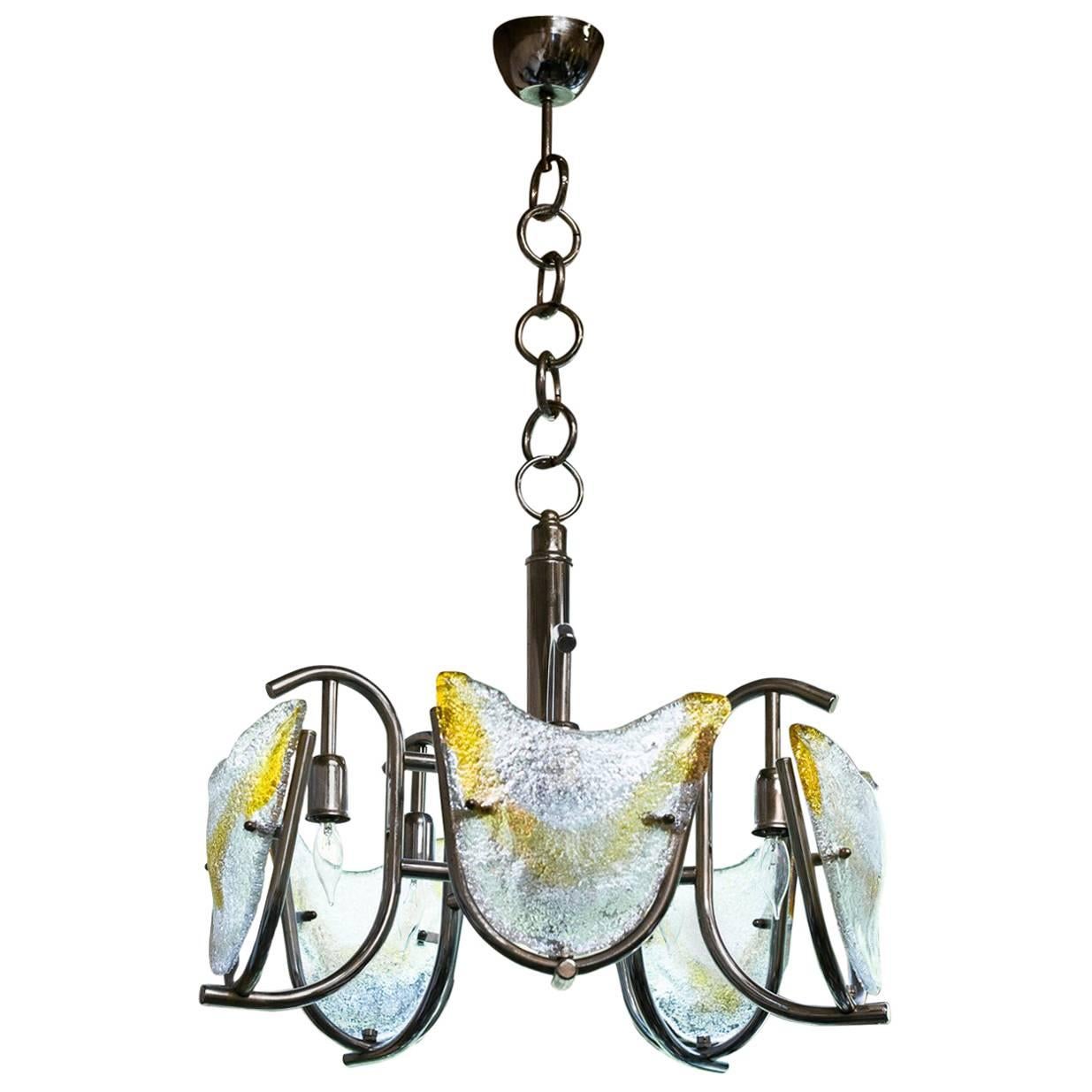 Italian Midcentury Mazzega/Murano Chandelier with Chrome Frame and Amber Glass For Sale
