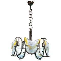 Vintage Italian Midcentury Mazzega/Murano Chandelier with Chrome Frame and Amber Glass