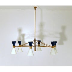 Italian Mid‑Century Modern 6 Arms Chandelier, Two‑Tone Diabolo Adjustable Shades