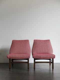 Italian Midcentury Modern Design Wood and Red Fabric Armchairs, 1950s