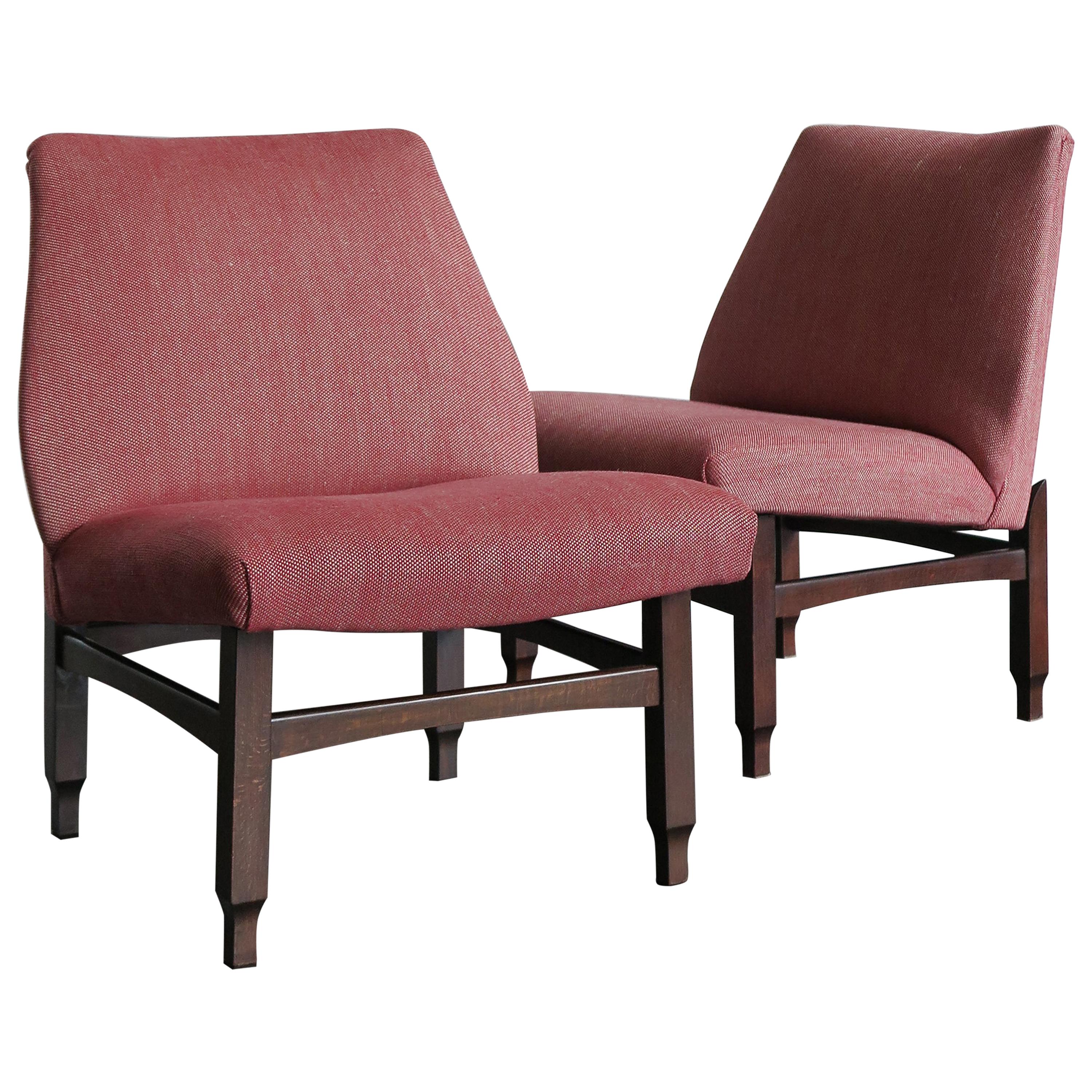 Italian Midcentury Modern Design Wood and Red Fabric Armchairs, 1950s