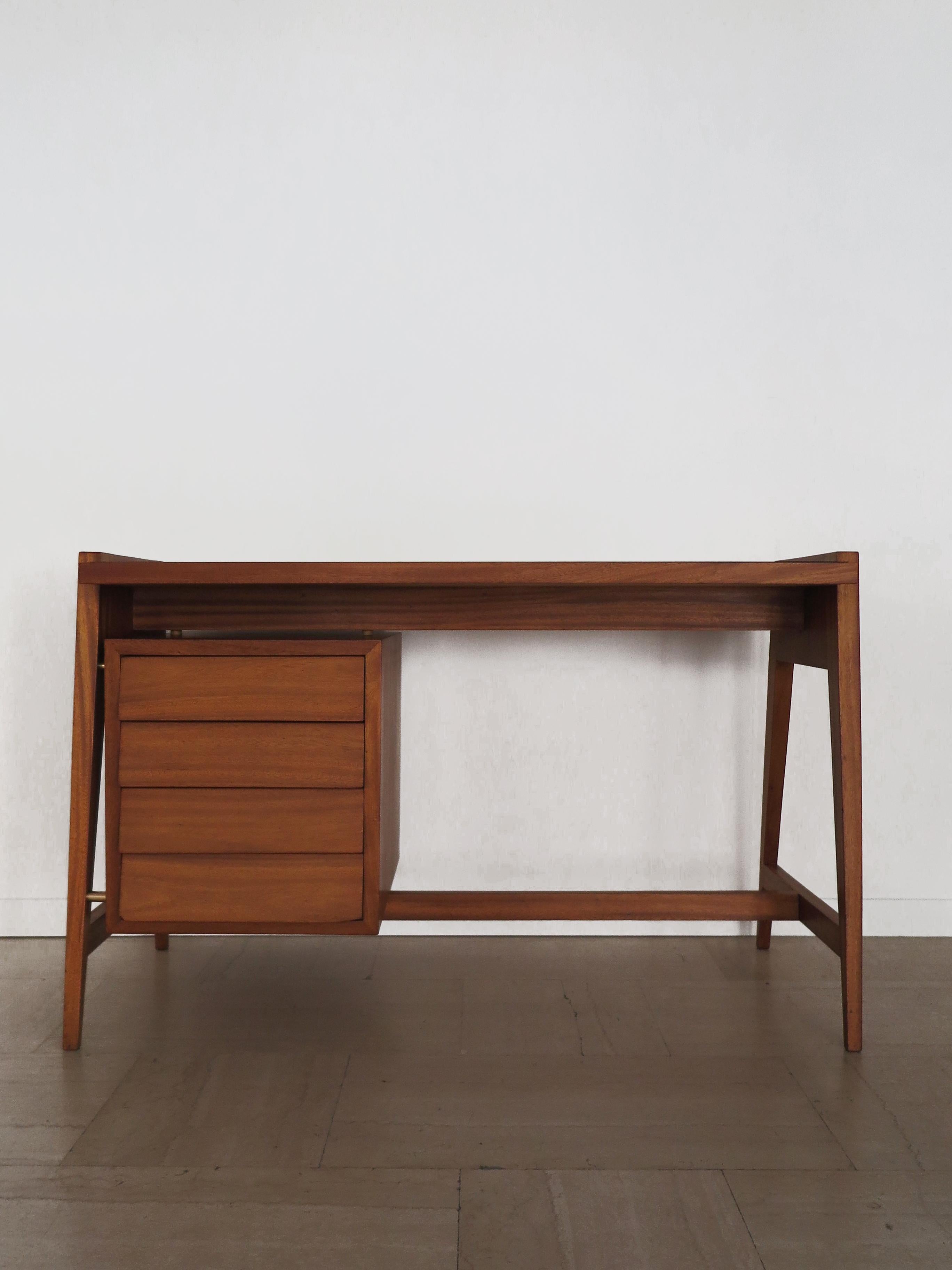 Mid-Century Modern Italian Midcentury Modern Design Wood Glass Brass Desk 1950s For Sale