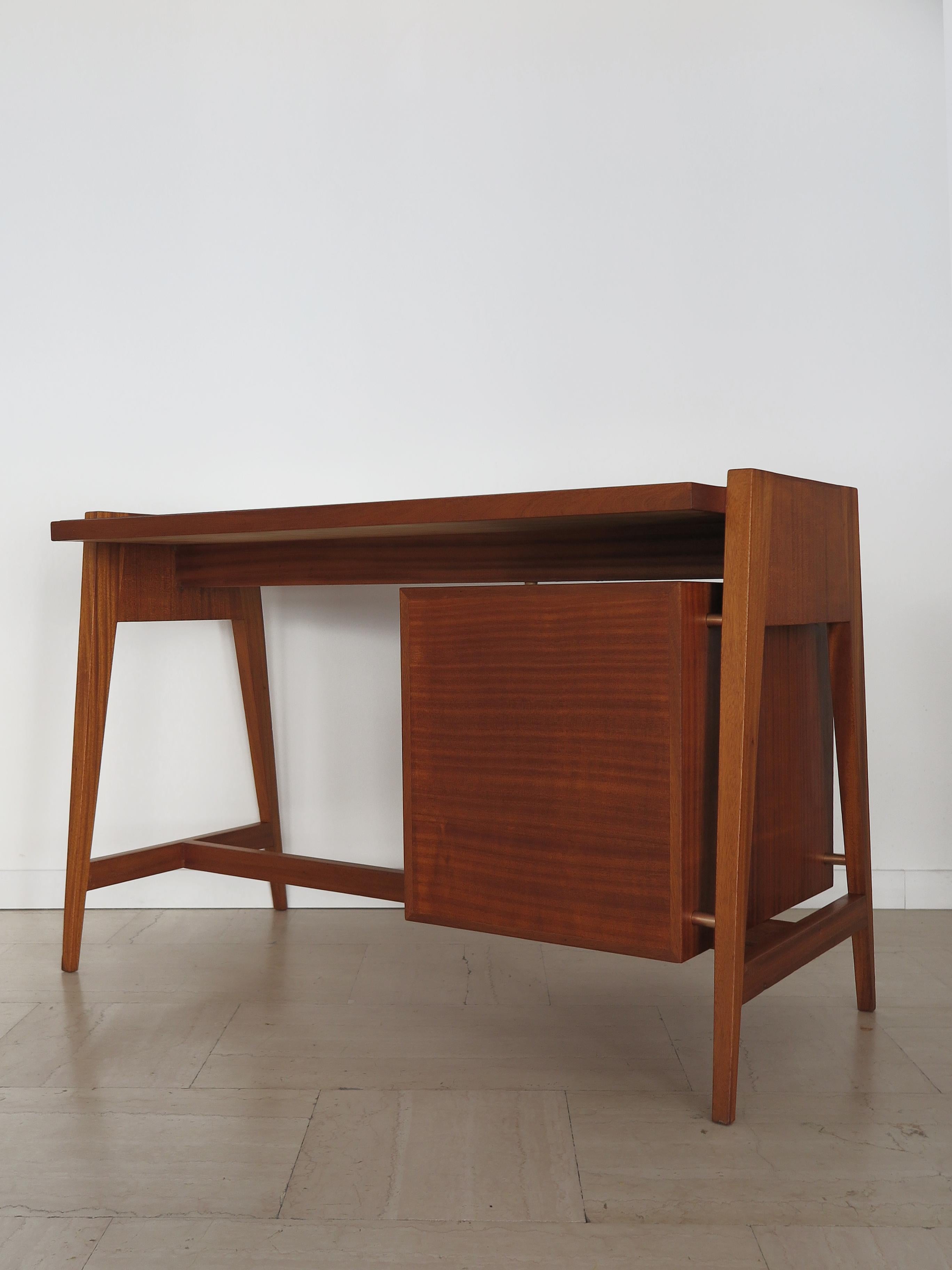 Italian Midcentury Modern Design Wood Glass Brass Desk 1950s For Sale 1