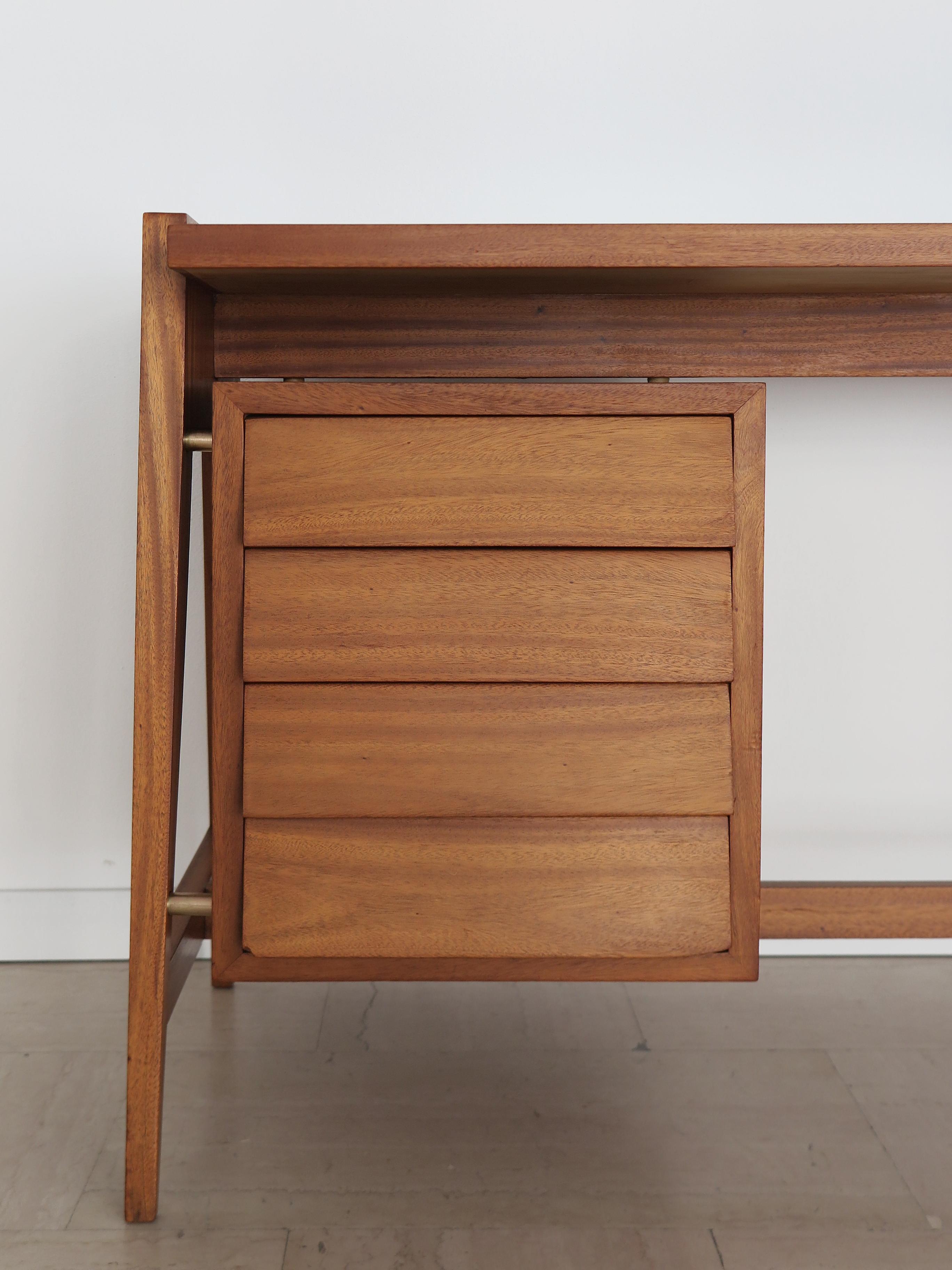Italian Midcentury Modern Design Wood Glass Brass Desk 1950s For Sale 3