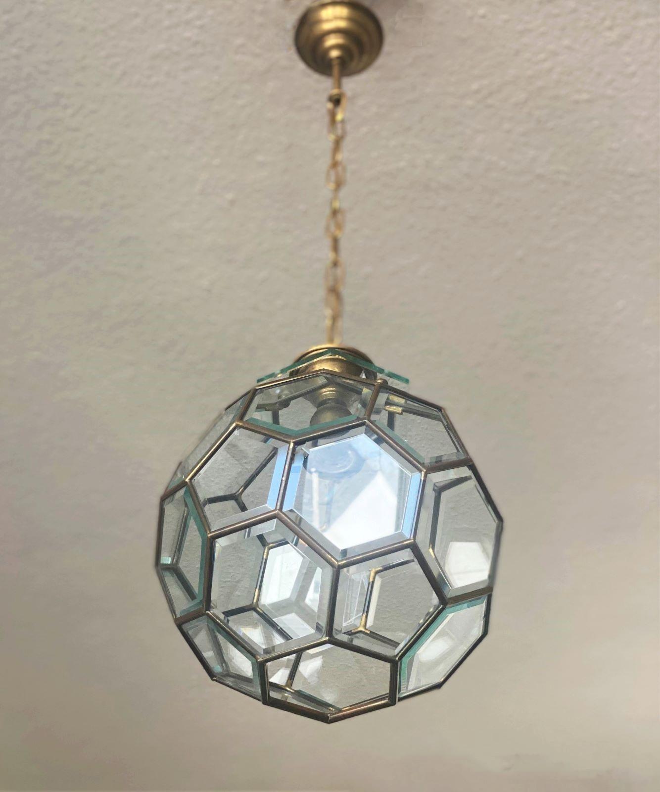 20th Century Fontana Arte Faceted Ultra Clear Glass Brass Frame Pendant, Lantern, Italy 1950s