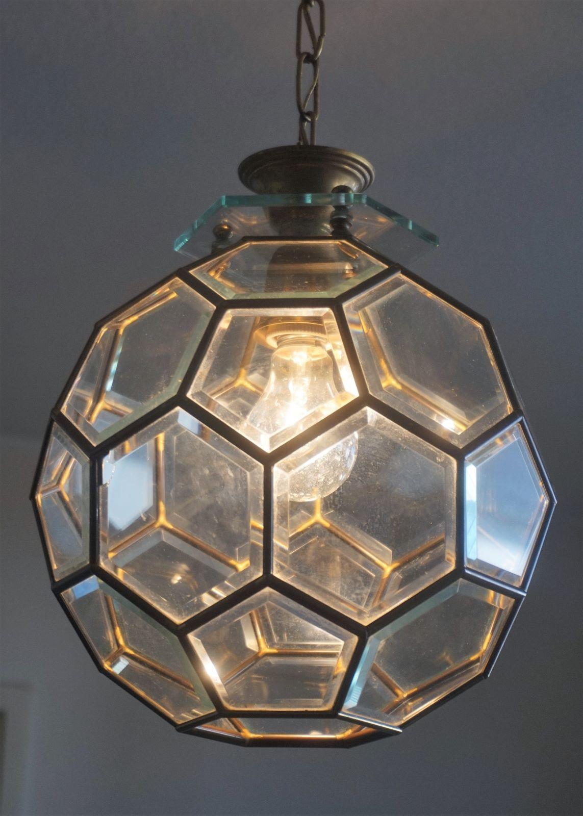 Fontana Arte Faceted Ultra Clear Glass Brass Frame Pendant, Lantern, Italy 1950s 3