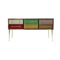 Italian MidCentury Modern Sideboard in Solid Wood and Colored Glass, 1950s