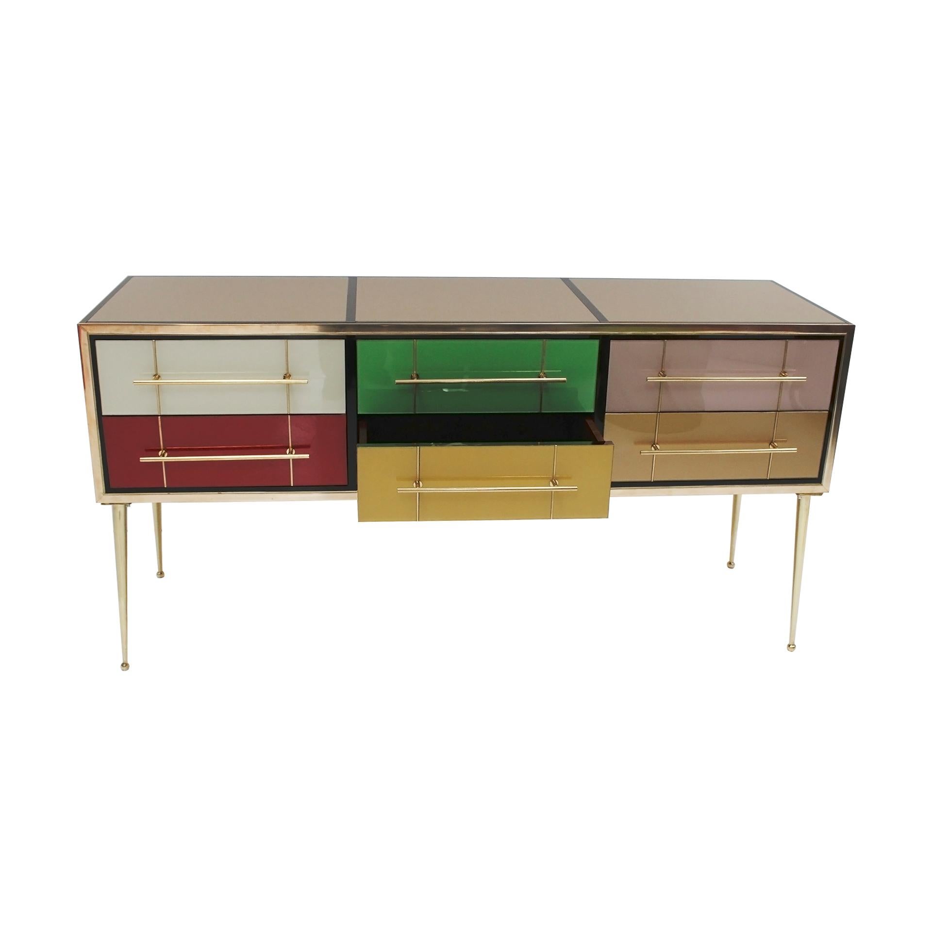 Italienisches Mid-Century-Modern-Sideboard aus Massivholz und farbigem Glas, 1950er Jahre im Zustand „Gut“ im Angebot in Ibiza, Spain