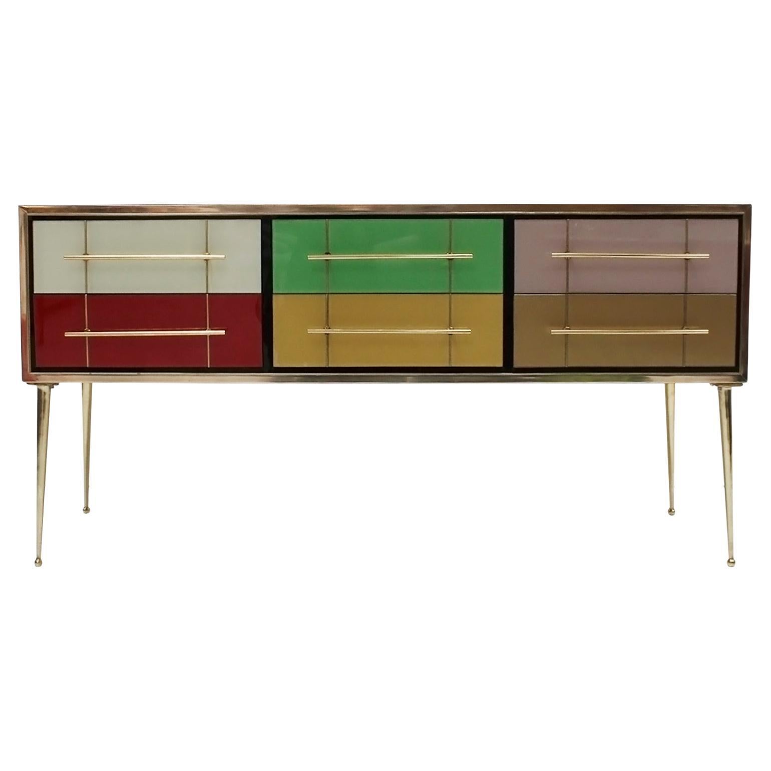 Italian MidCentury Modern Sideboard in Solid Wood and Colored Glass, 1950s