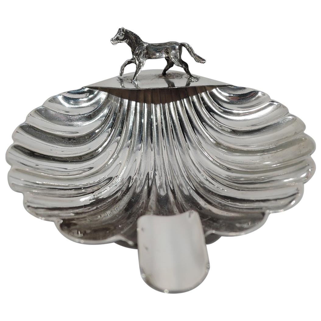 Italian Midcentury Modern Silver Scallop Shell Ashtray with Horse