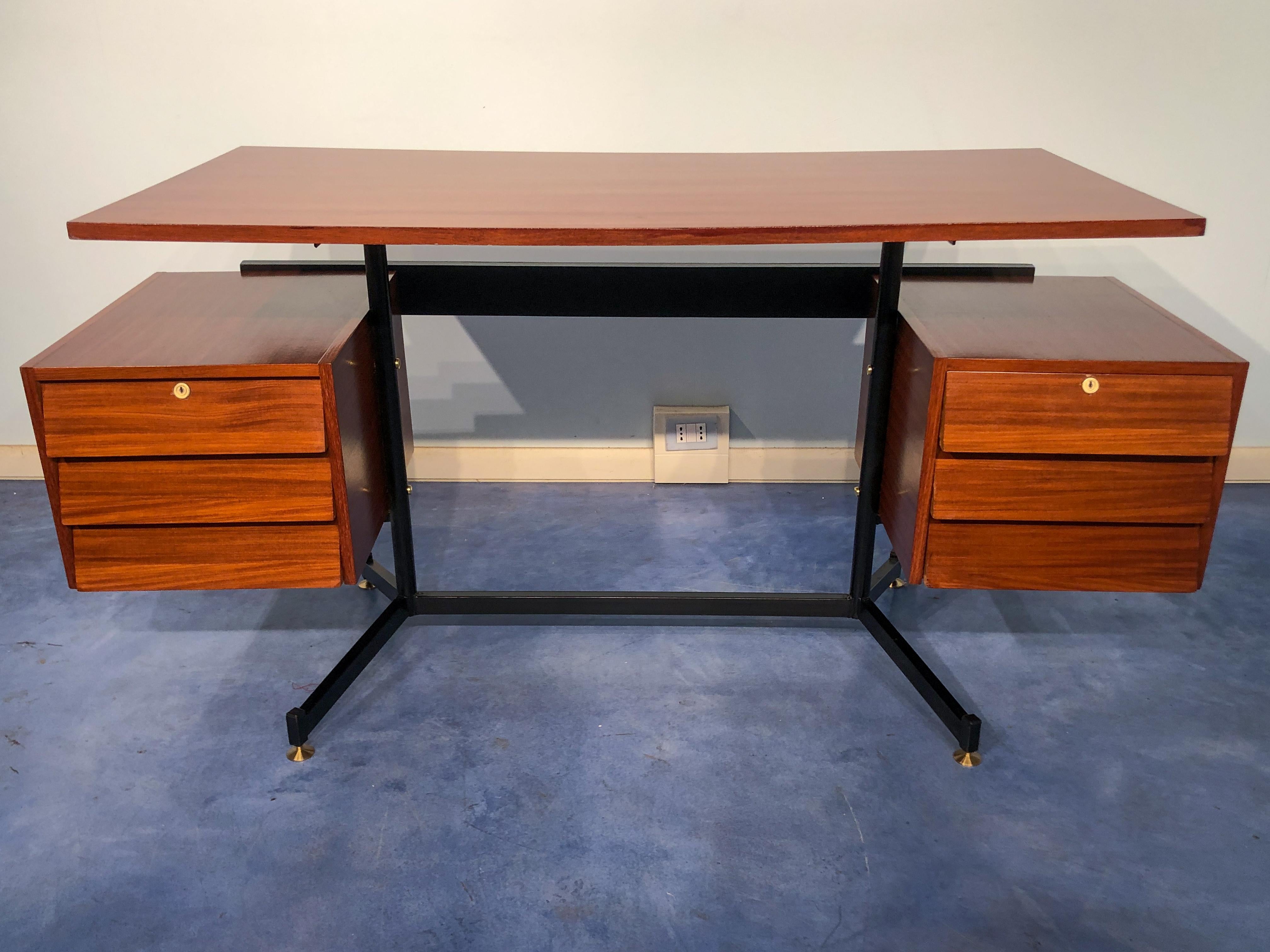 Metal Italian Mid-Century Modern Teak Desk with Chair, 1950s