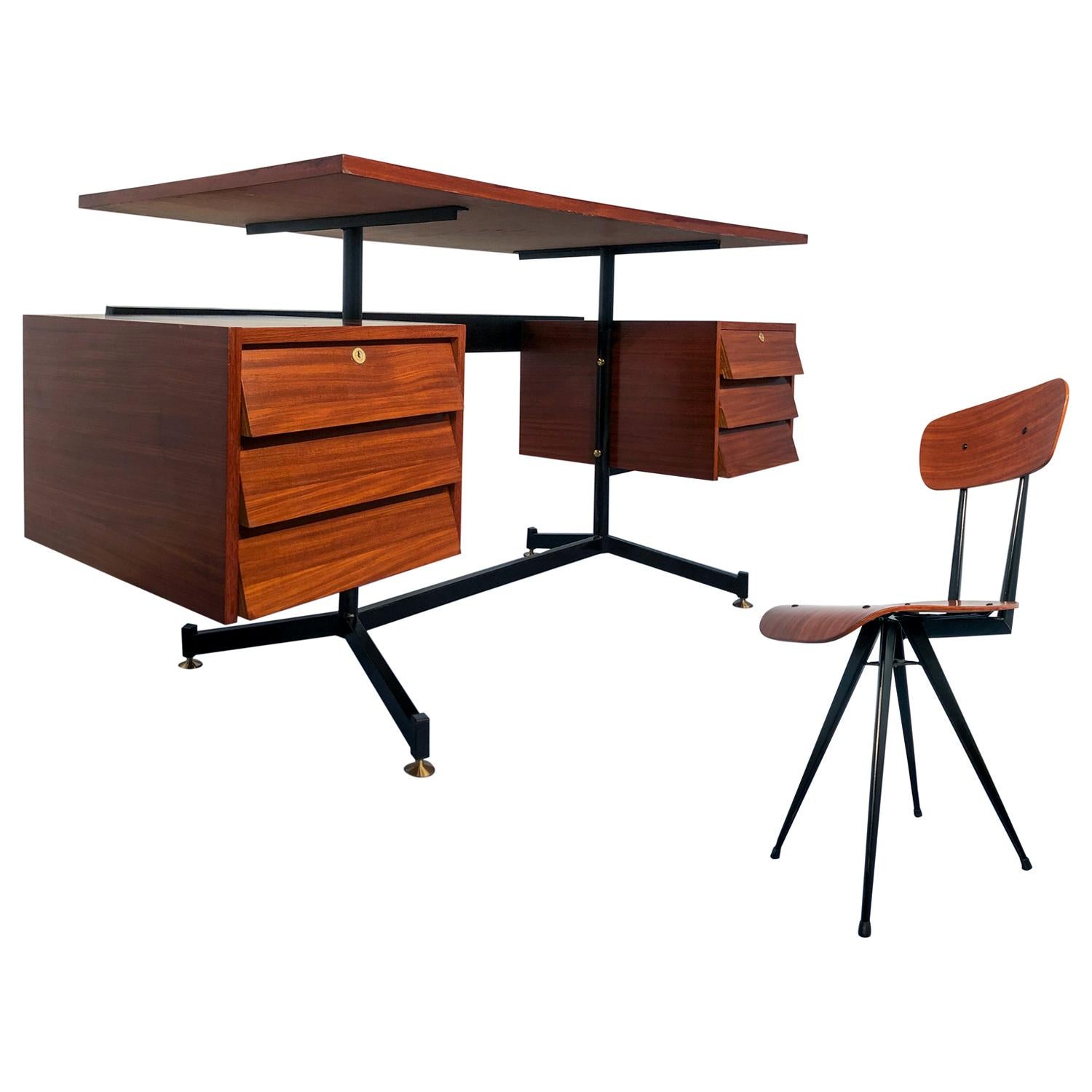 Italian Mid-Century Modern Teak Desk with Chair, 1950s