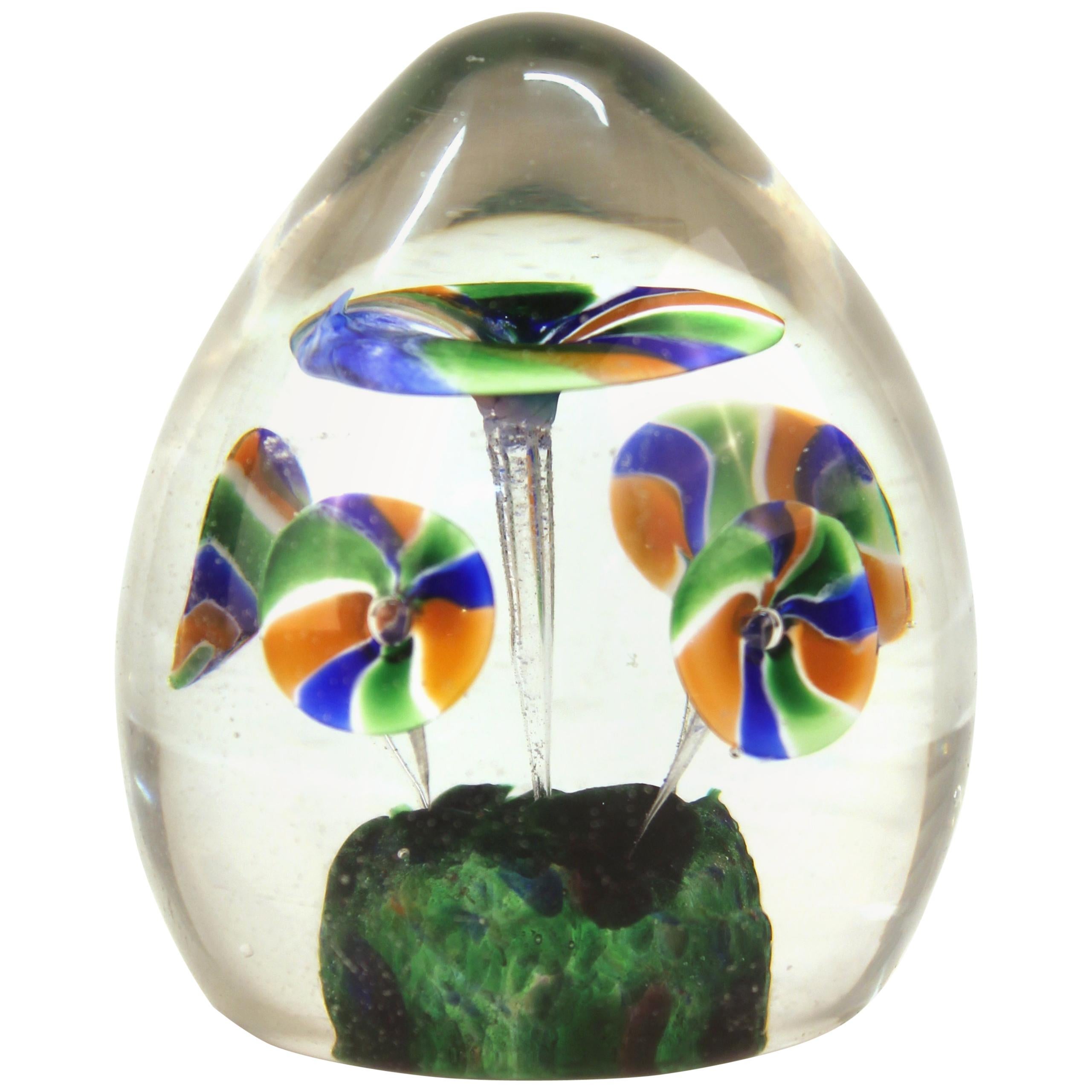 Italian Midcentury Murano Art Glass Paperweight with Floral Motif For Sale