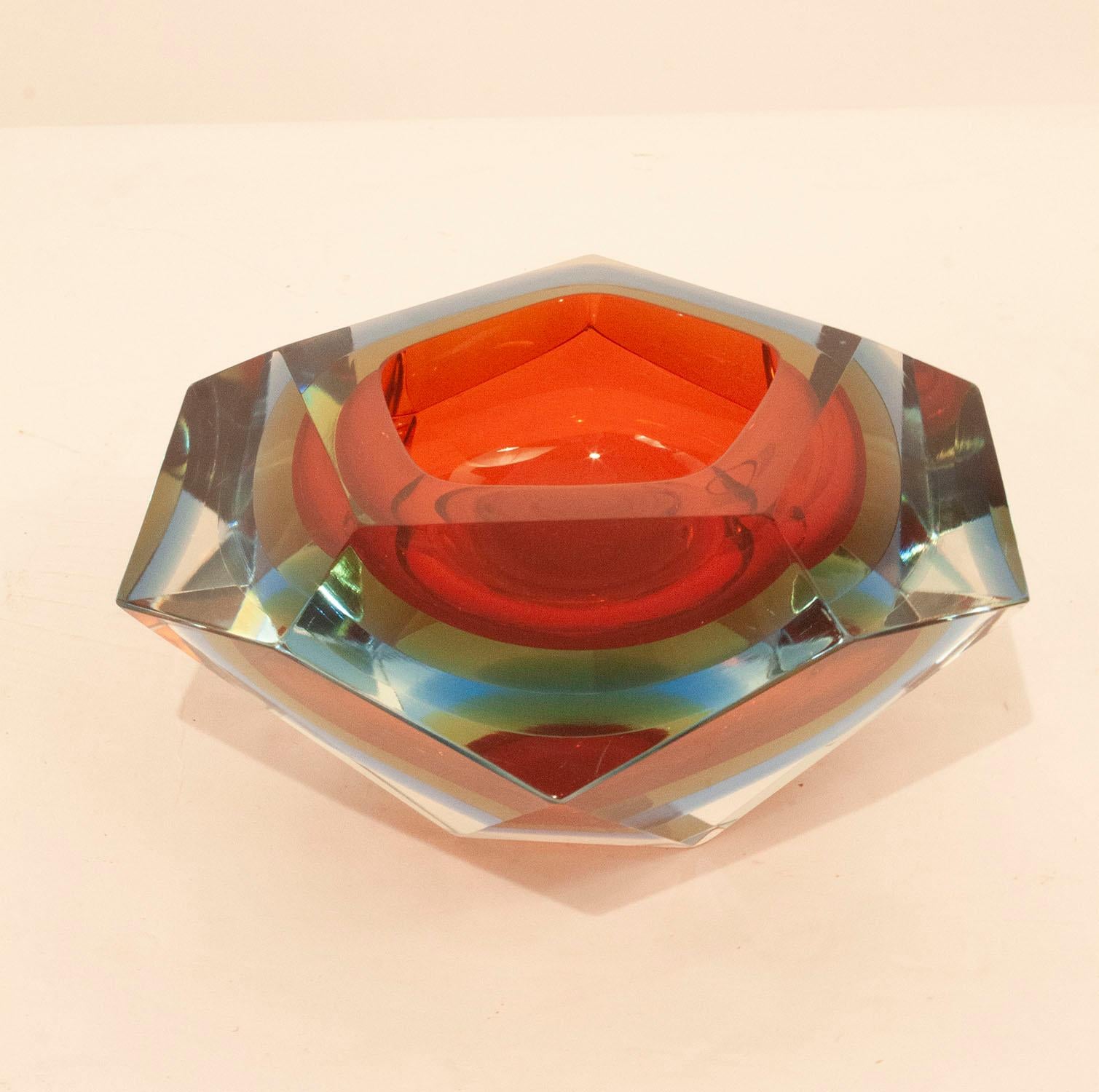 Italian Midcentury Murano Bowl by Flavio Poli, Red and Blue, 1960s 1