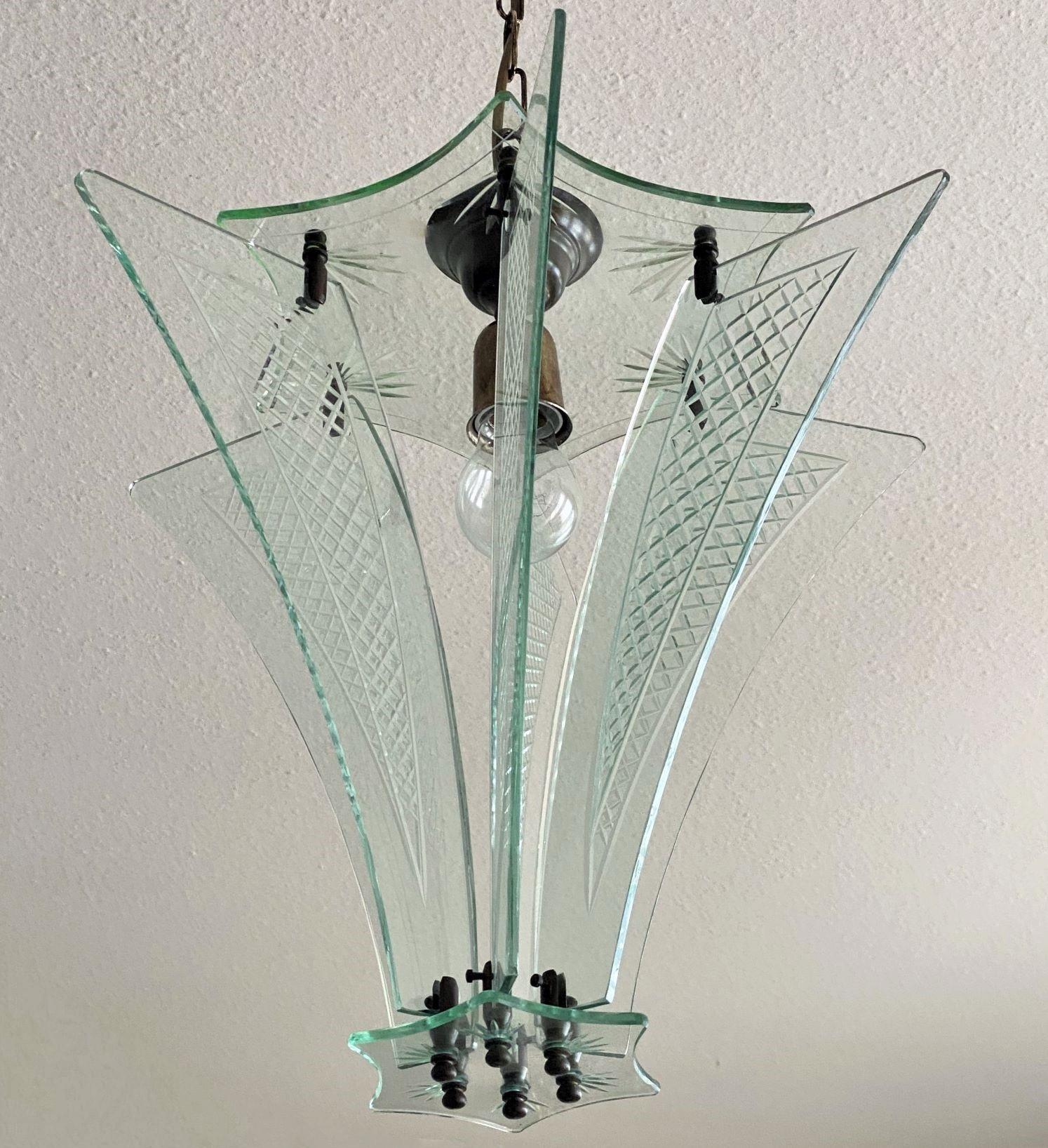 Brass Fontana Arte Murano Clear Cut Glass Star Lantern, Italy, 1950s For Sale