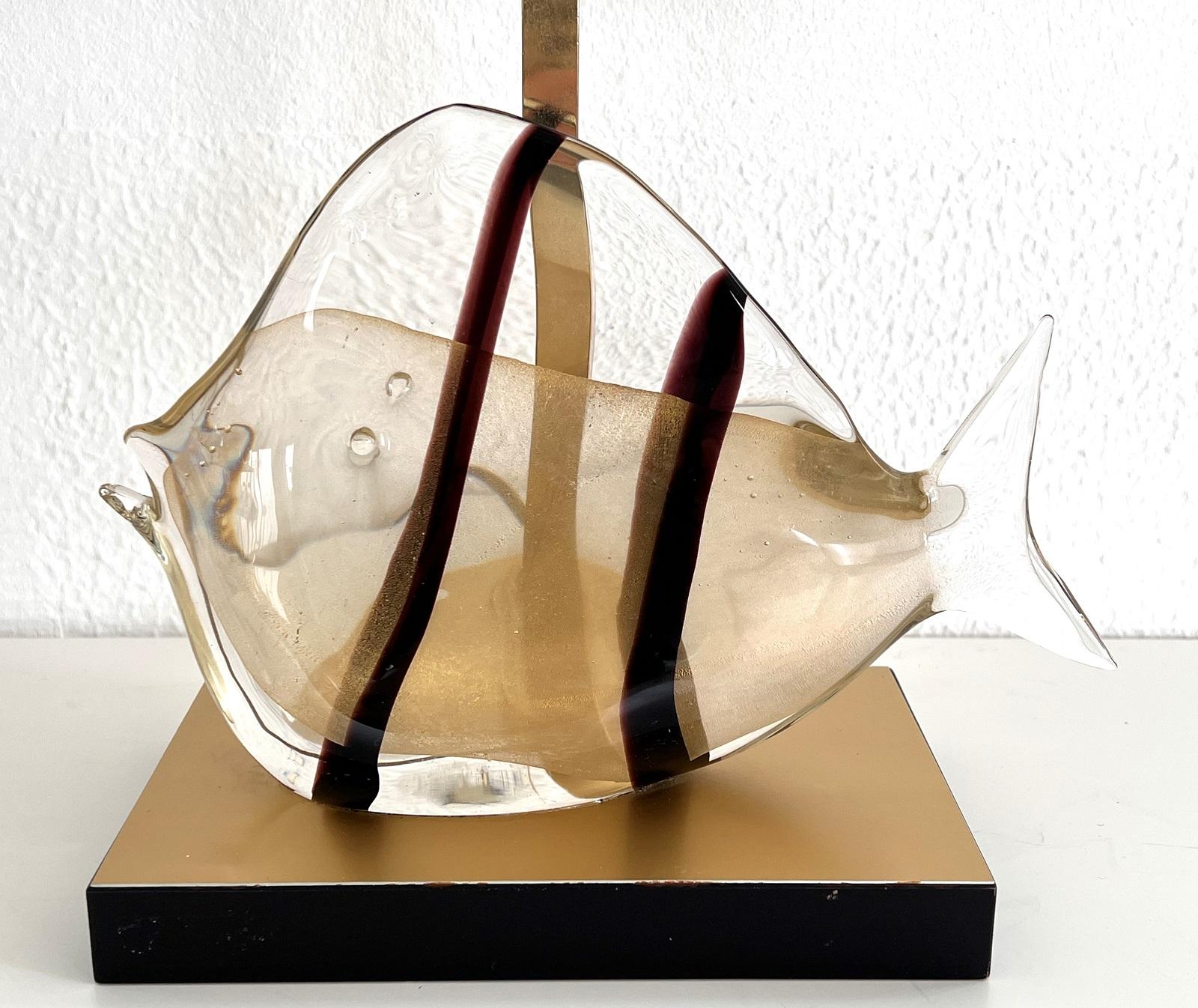 Metal Italian Midcentury Murano Fish Glass and Brass Table Lamp, 1970s For Sale