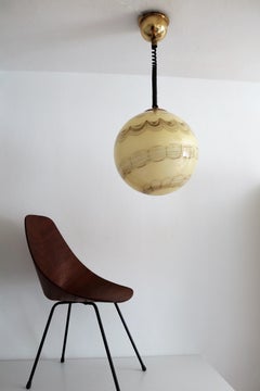 Italian Midcentury Murano Glass Globe Chandelier with Brass Details, 1970s