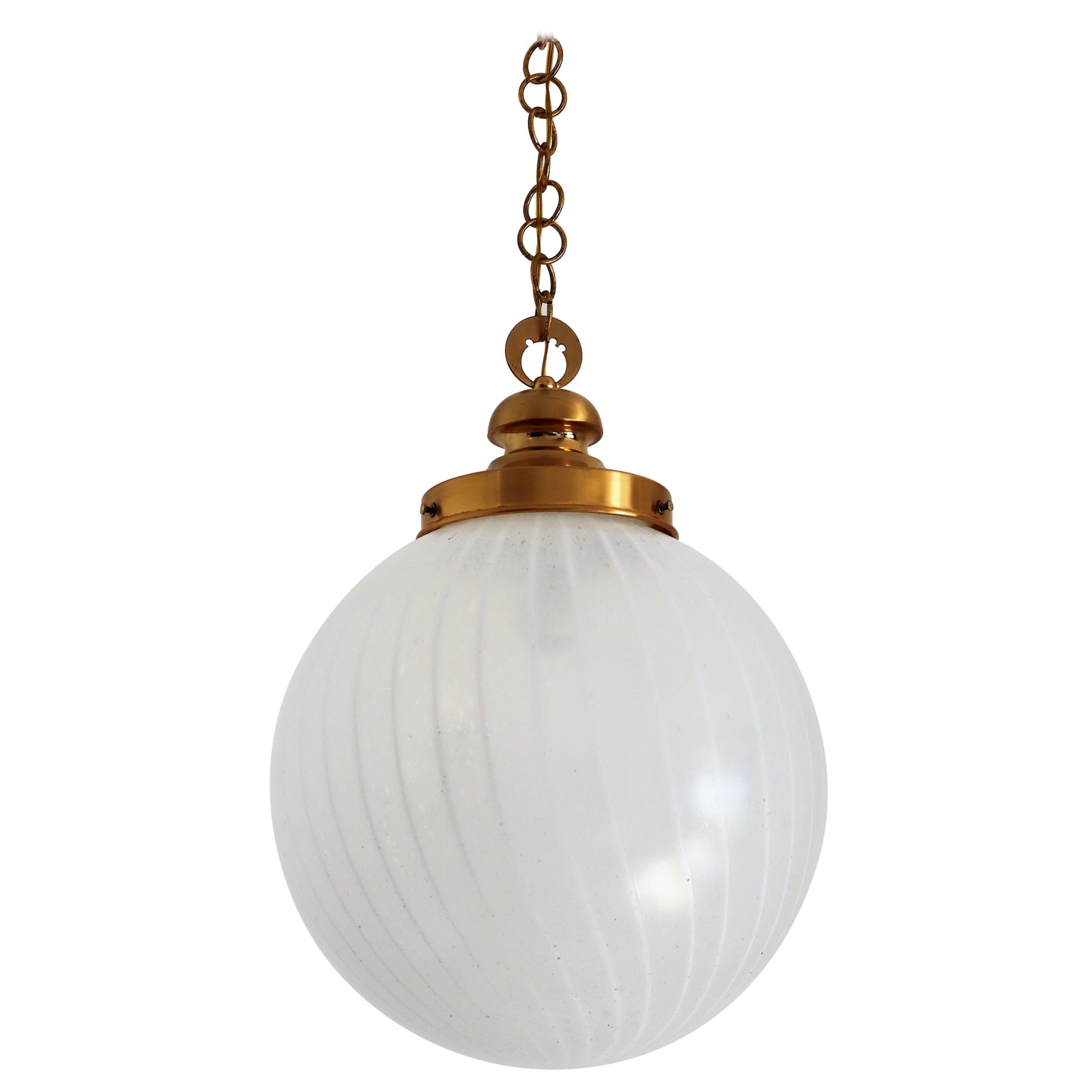 Italian Midcentury Murano Glass Globe Pendant Chandelier with Brass Details, 60s For Sale