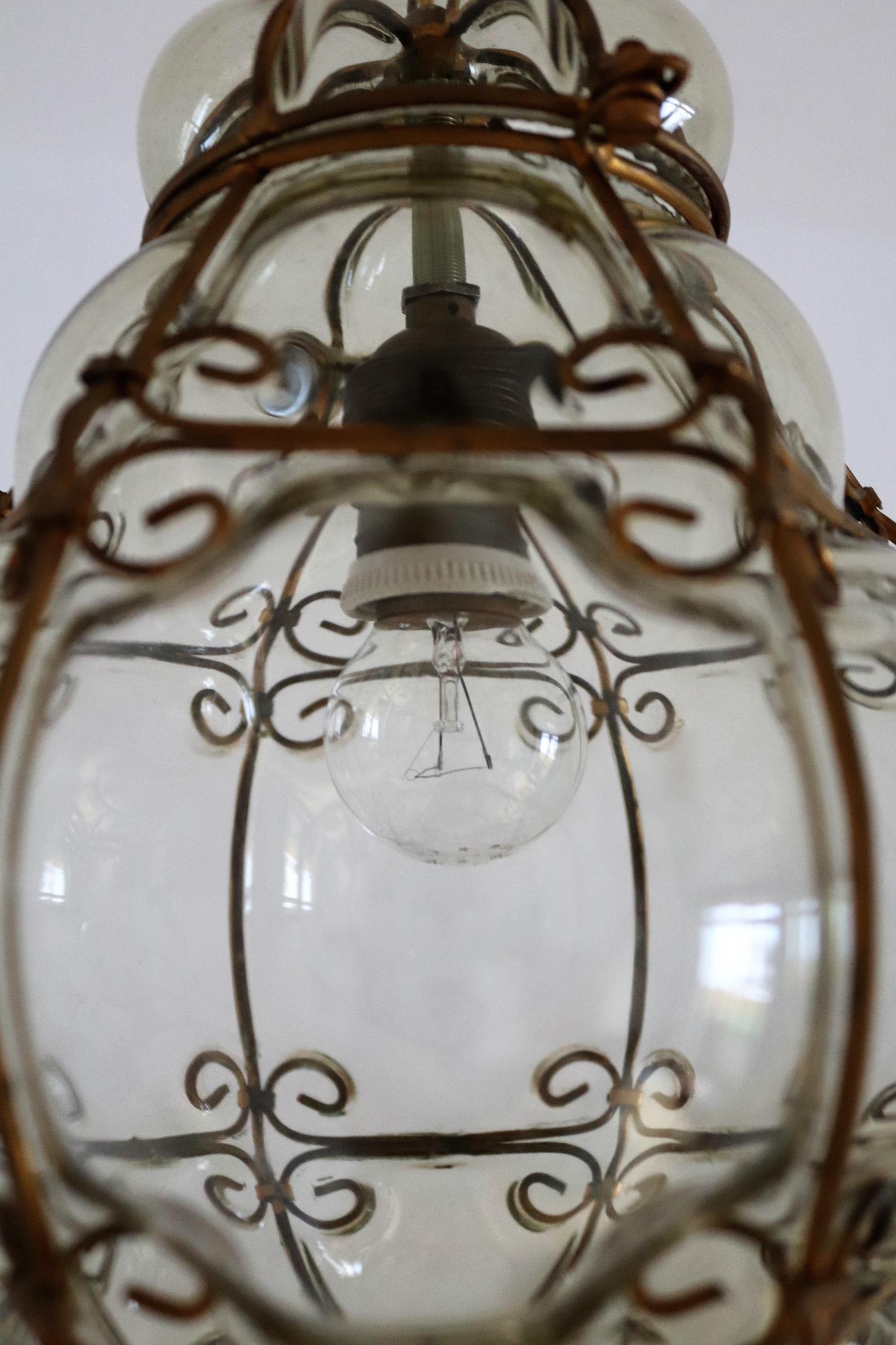 Italian Midcentury Murano Glass Lantern in Metal Cage and Amber Glass, 1950s 2