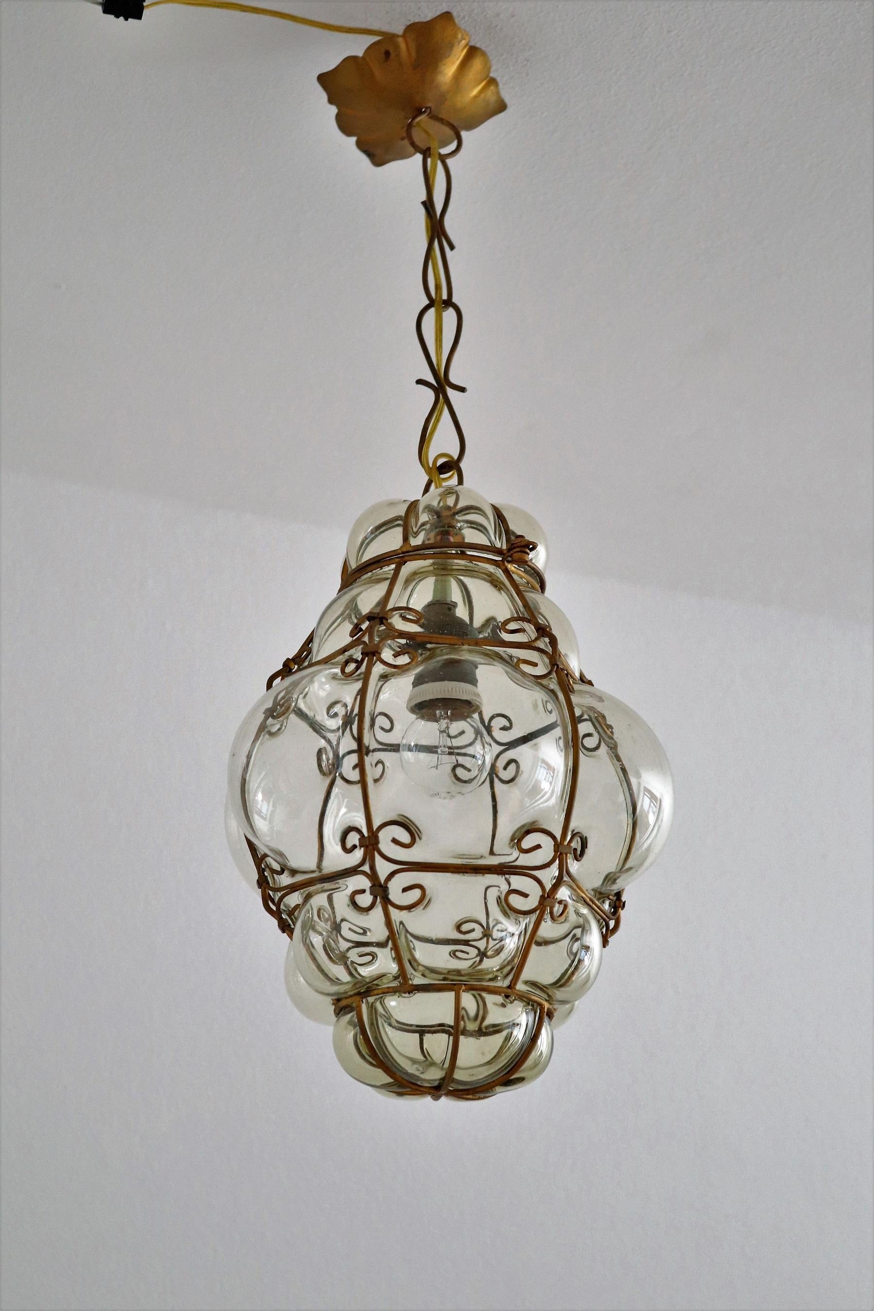 Italian Midcentury Murano Glass Lantern in Metal Cage and Amber Glass, 1950s 4